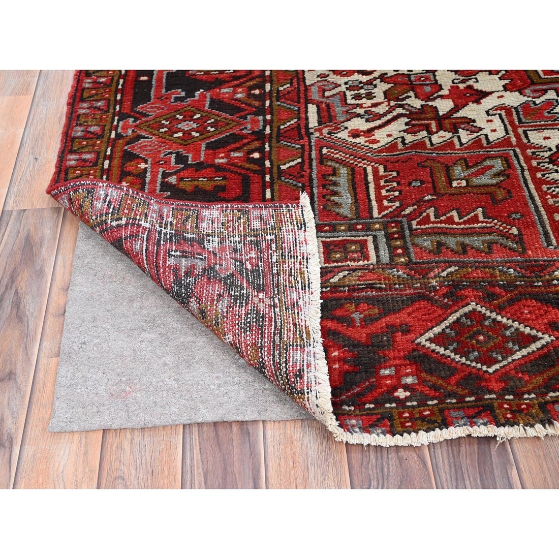 Fire Brick Red, Vintage Persian Heriz Pure Wool Hand Knotted Rug - 4