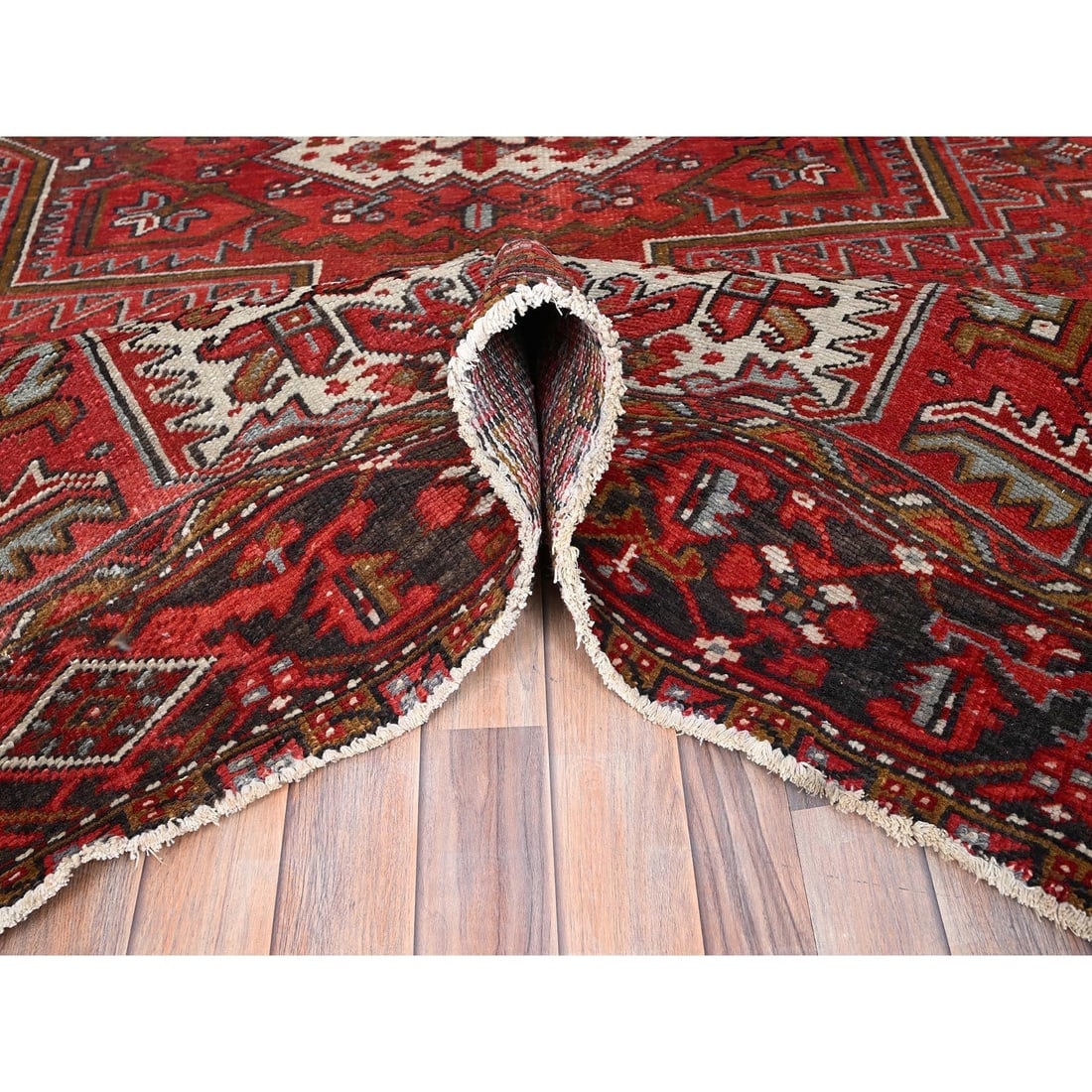 Fire Brick Red, Vintage Persian Heriz Pure Wool Hand Knotted Rug - 5