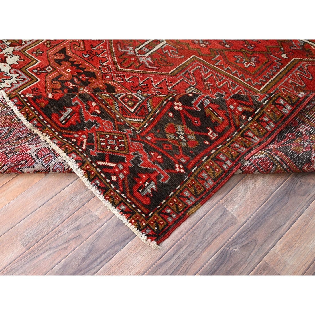 Fire Brick Red, Vintage Persian Heriz Pure Wool Hand Knotted Rug - 6