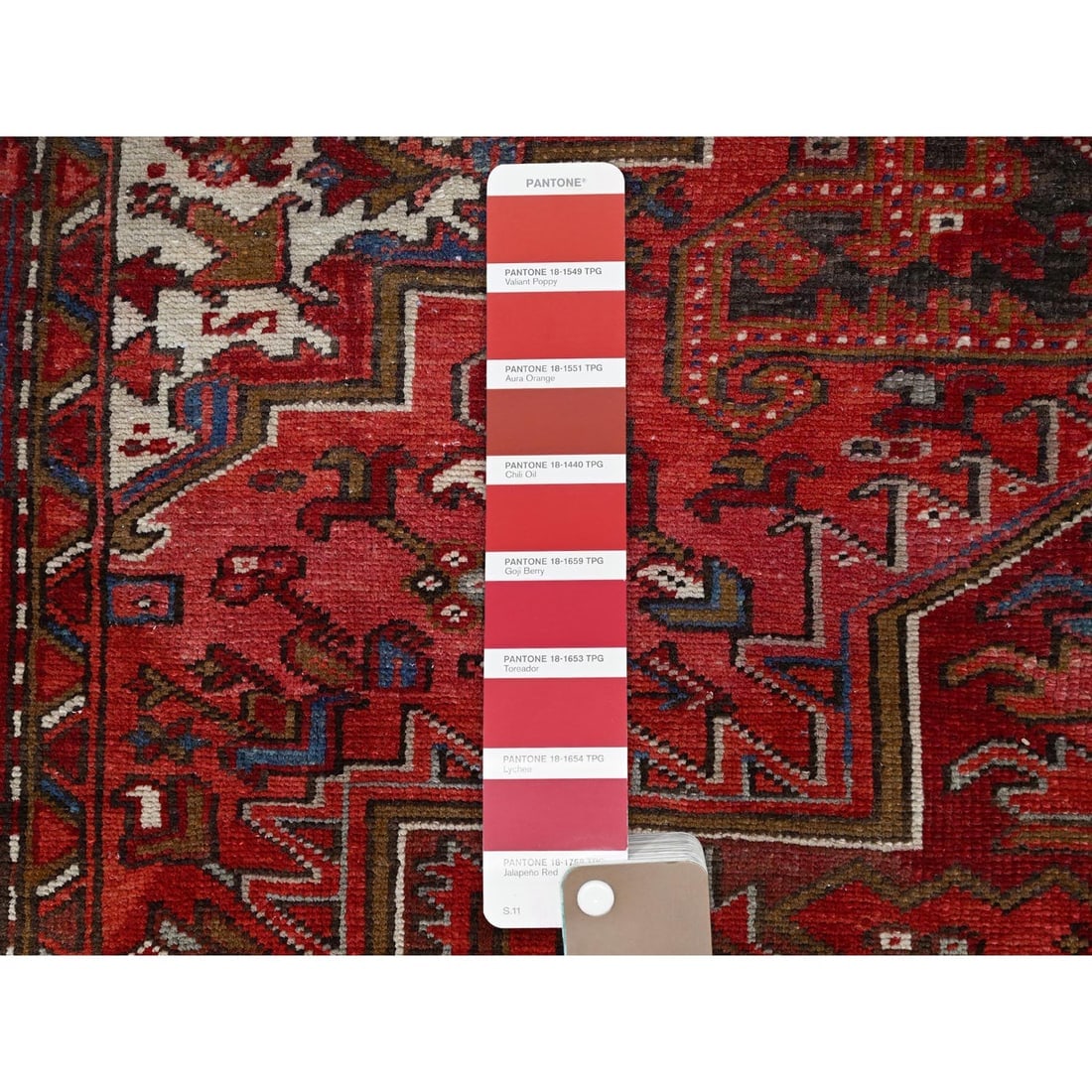 Fire Brick Red, Vintage Persian Heriz Pure Wool Hand Knotted Rug - 7