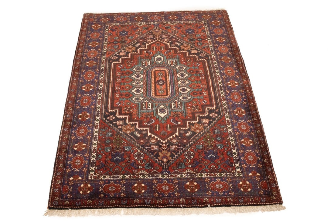 Vintage Geometric Scarlet Red 4X5 Bidjar Persian Rug - 3