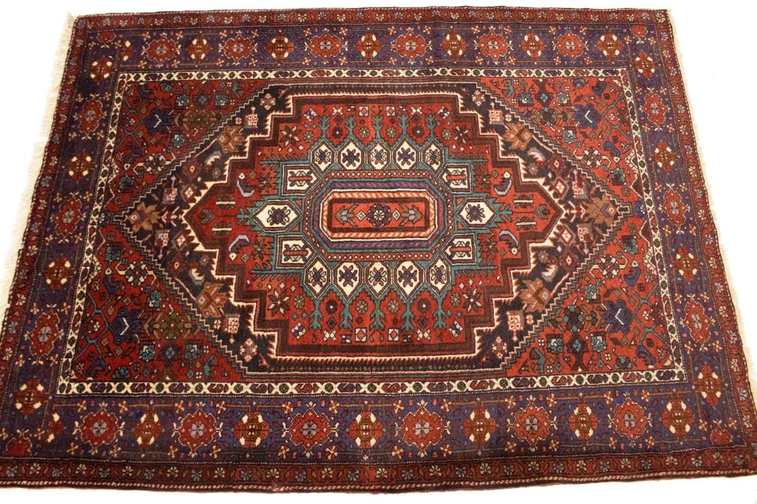 Vintage Geometric Scarlet Red 4X5 Bidjar Persian Rug - 7