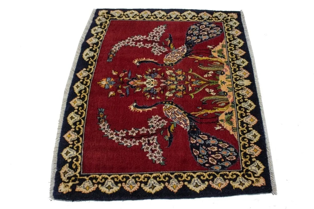 Vintage Red Pictorial 3X4 Kashan Persian Rug - 4