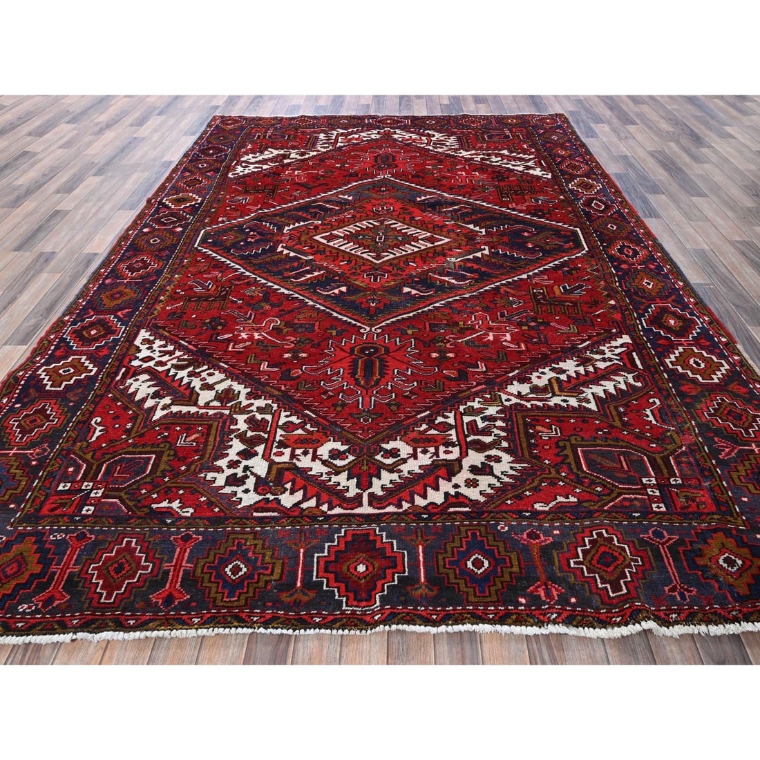 Red Vintage Persian Heriz with Medallion Design Hand Knotted Wool Rug - 2