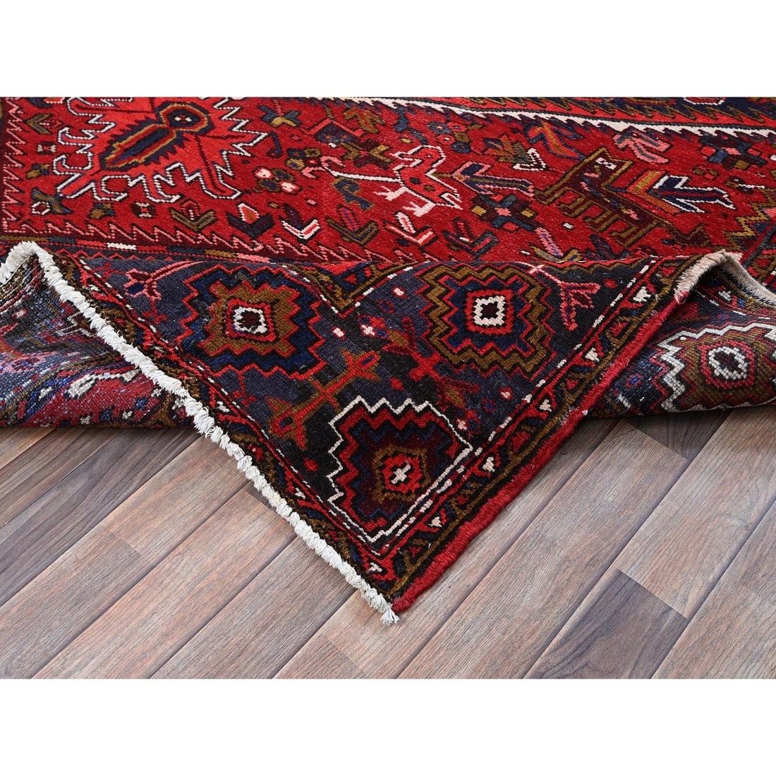 Red Vintage Persian Heriz with Medallion Design Hand Knotted Wool Rug - 6