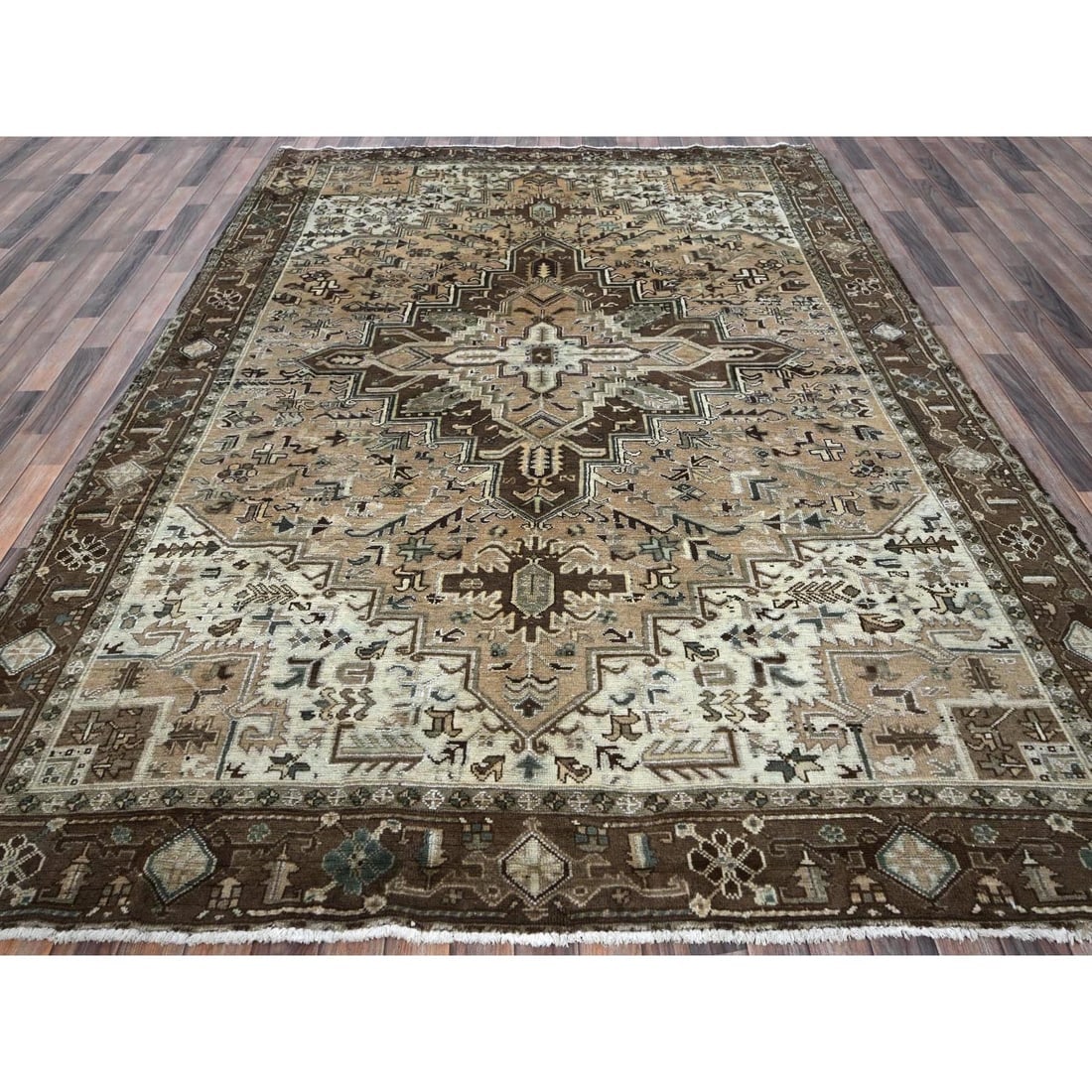 Brown Vintage Persian Heriz Hand Knotted Pure Wool Clean Oriental Rug - 2