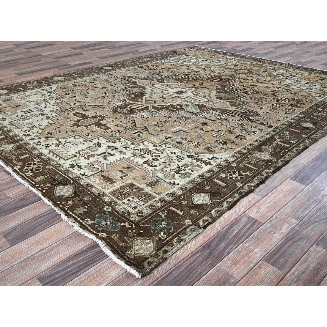 Brown Vintage Persian Heriz Hand Knotted Pure Wool Clean Oriental Rug - 3
