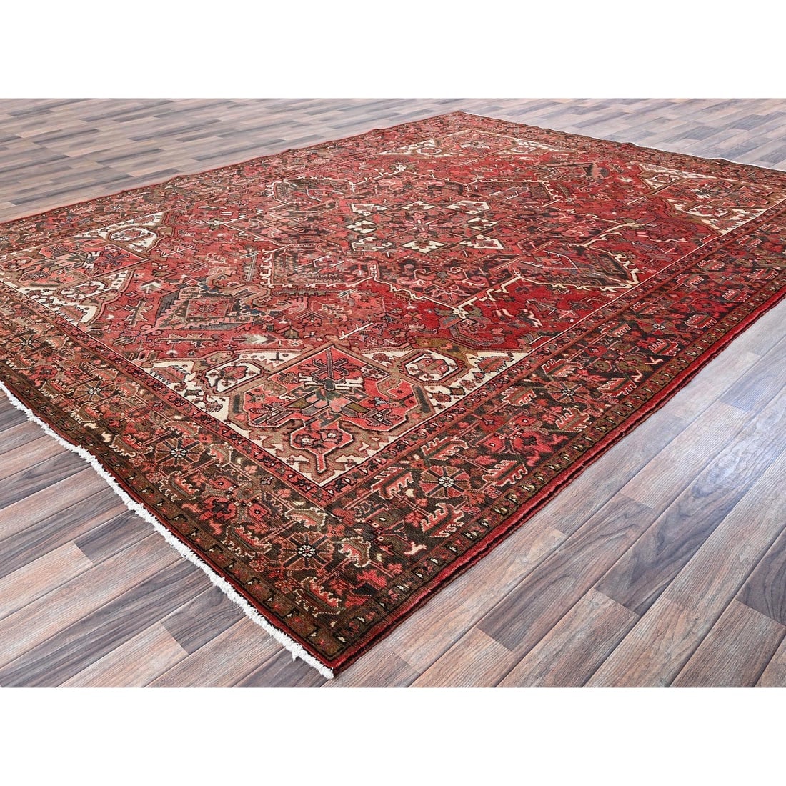 Cherry Red Vintage Persian Heriz Hand Knotted Pure Wool Oriental Rug - 3