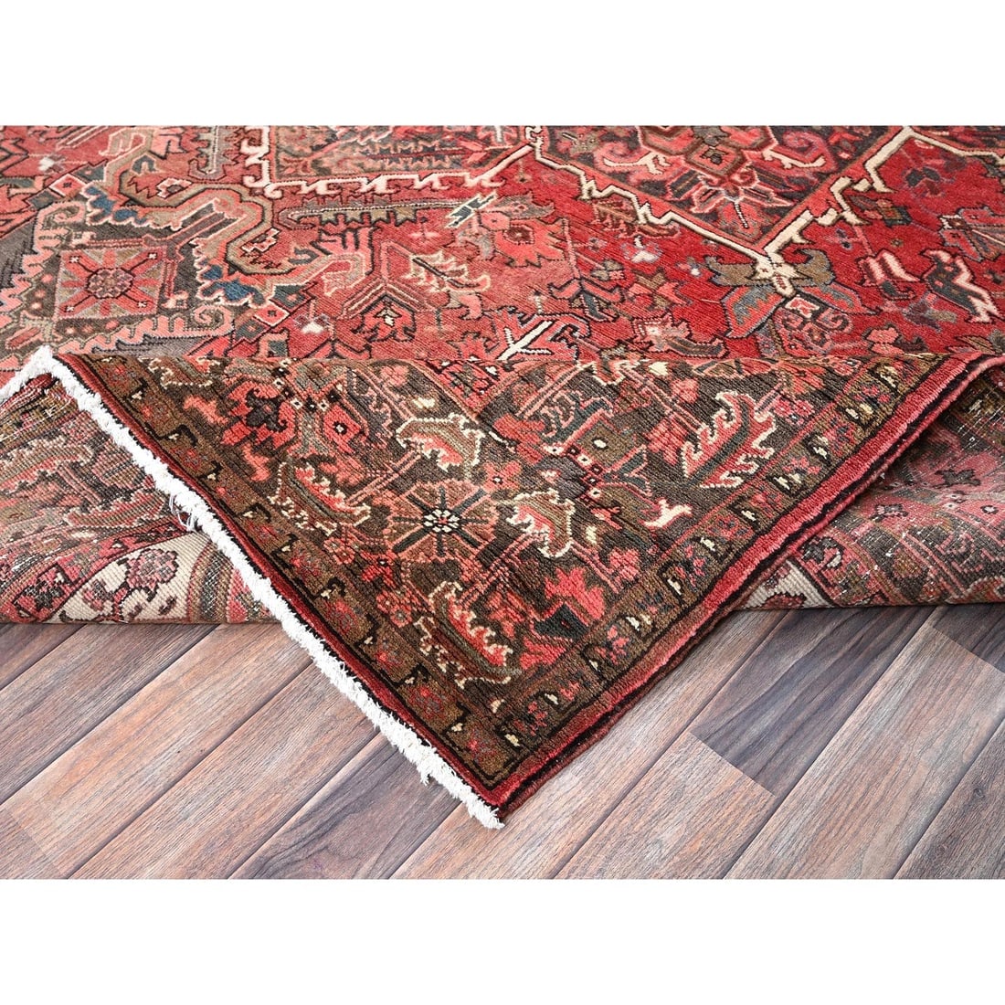 Cherry Red Vintage Persian Heriz Hand Knotted Pure Wool Oriental Rug - 6
