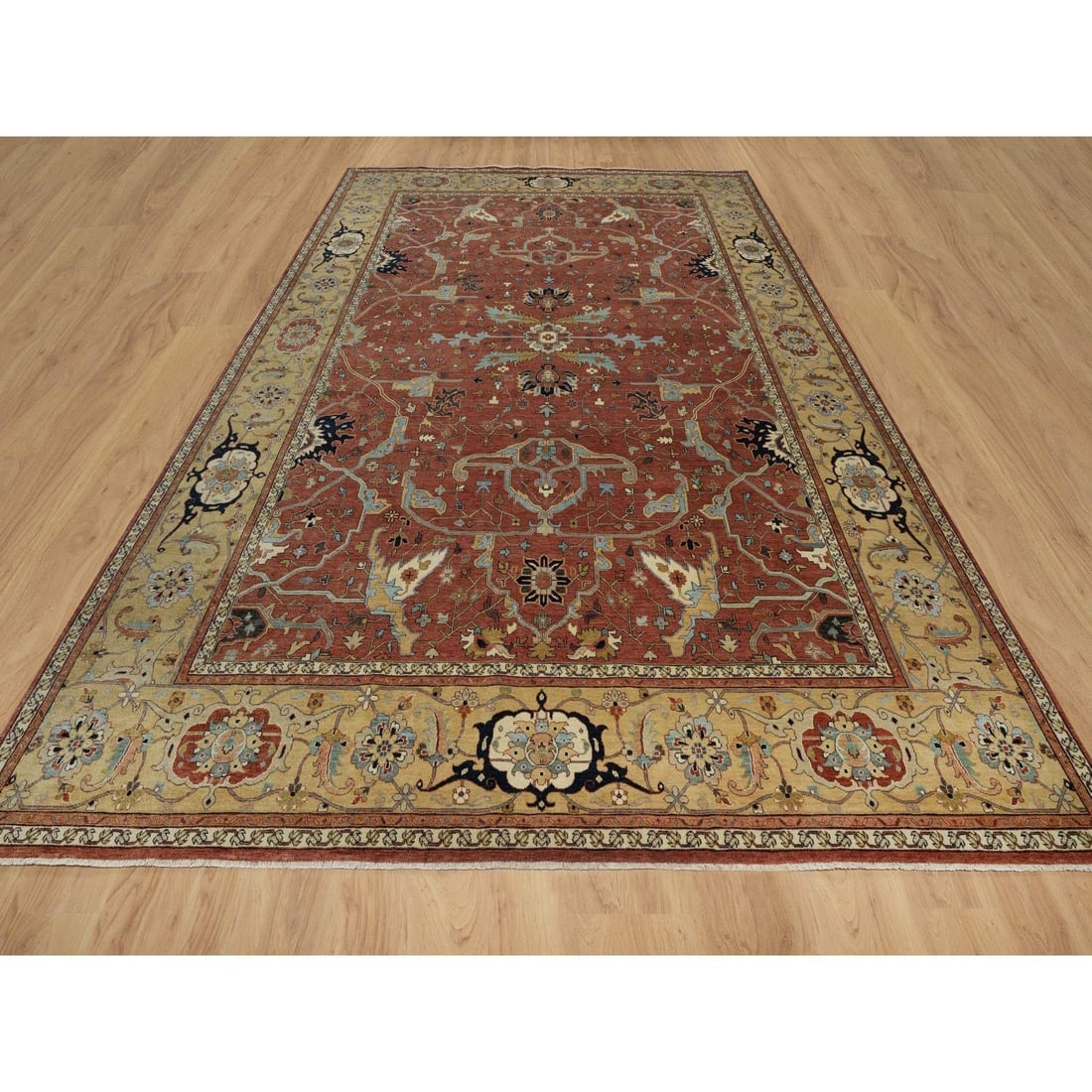 Brick Red Antiqued Fine Heriz Re-Creation Hand Knotted Soft Wool Rug - 2