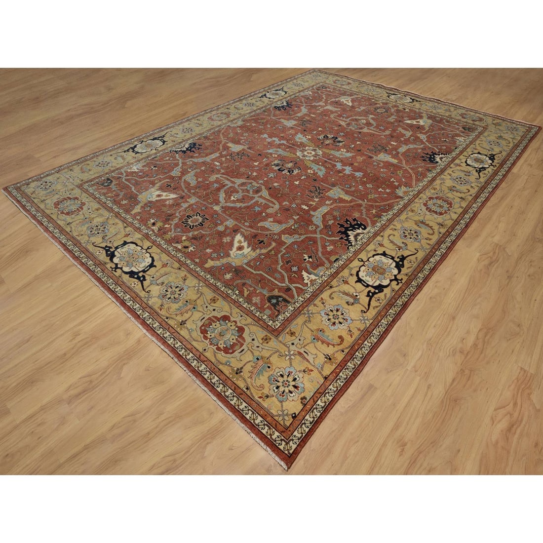 Brick Red Antiqued Fine Heriz Re-Creation Hand Knotted Soft Wool Rug - 3