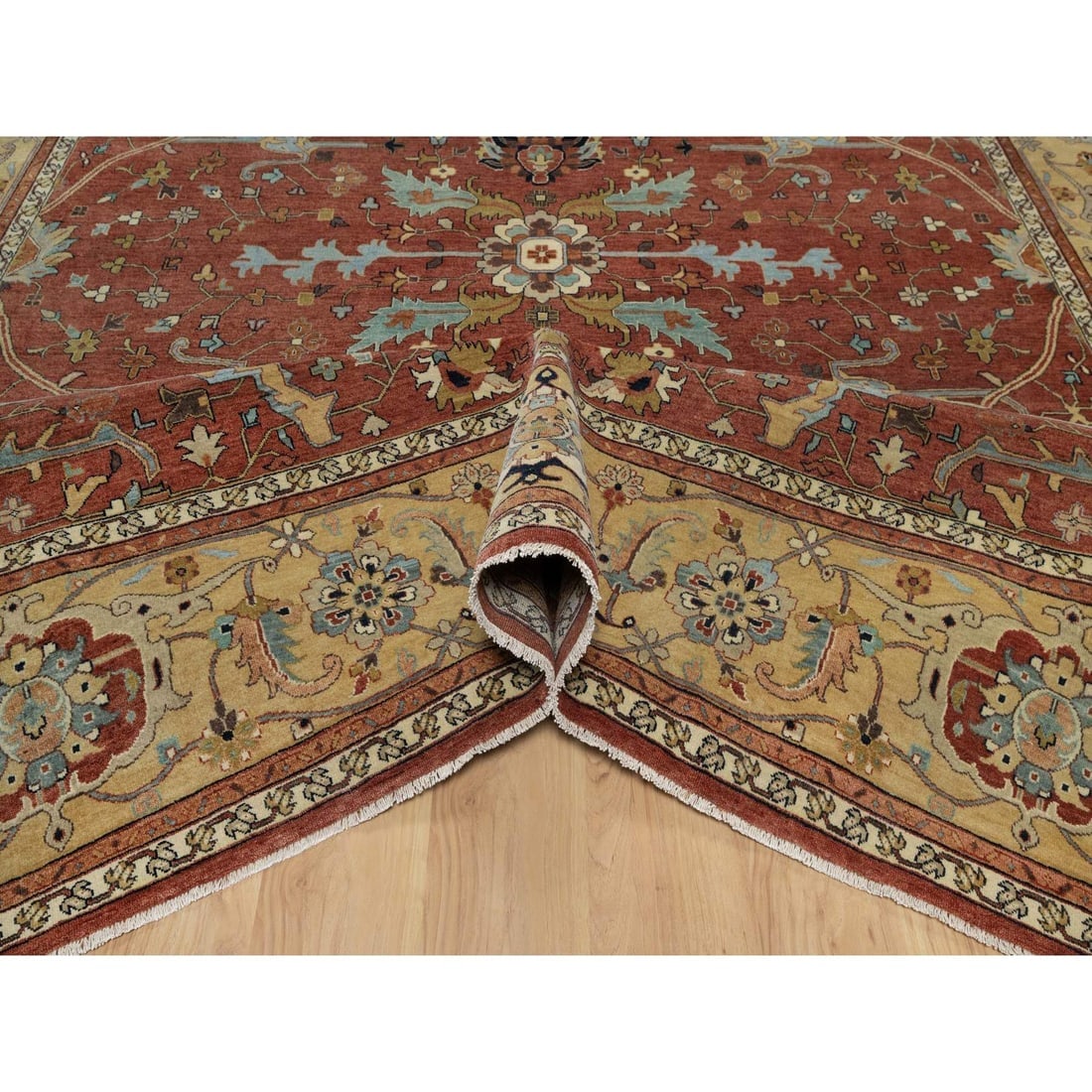 Brick Red Antiqued Fine Heriz Re-Creation Hand Knotted Soft Wool Rug - 5