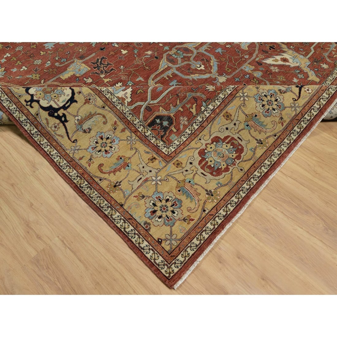 Brick Red Antiqued Fine Heriz Re-Creation Hand Knotted Soft Wool Rug - 6