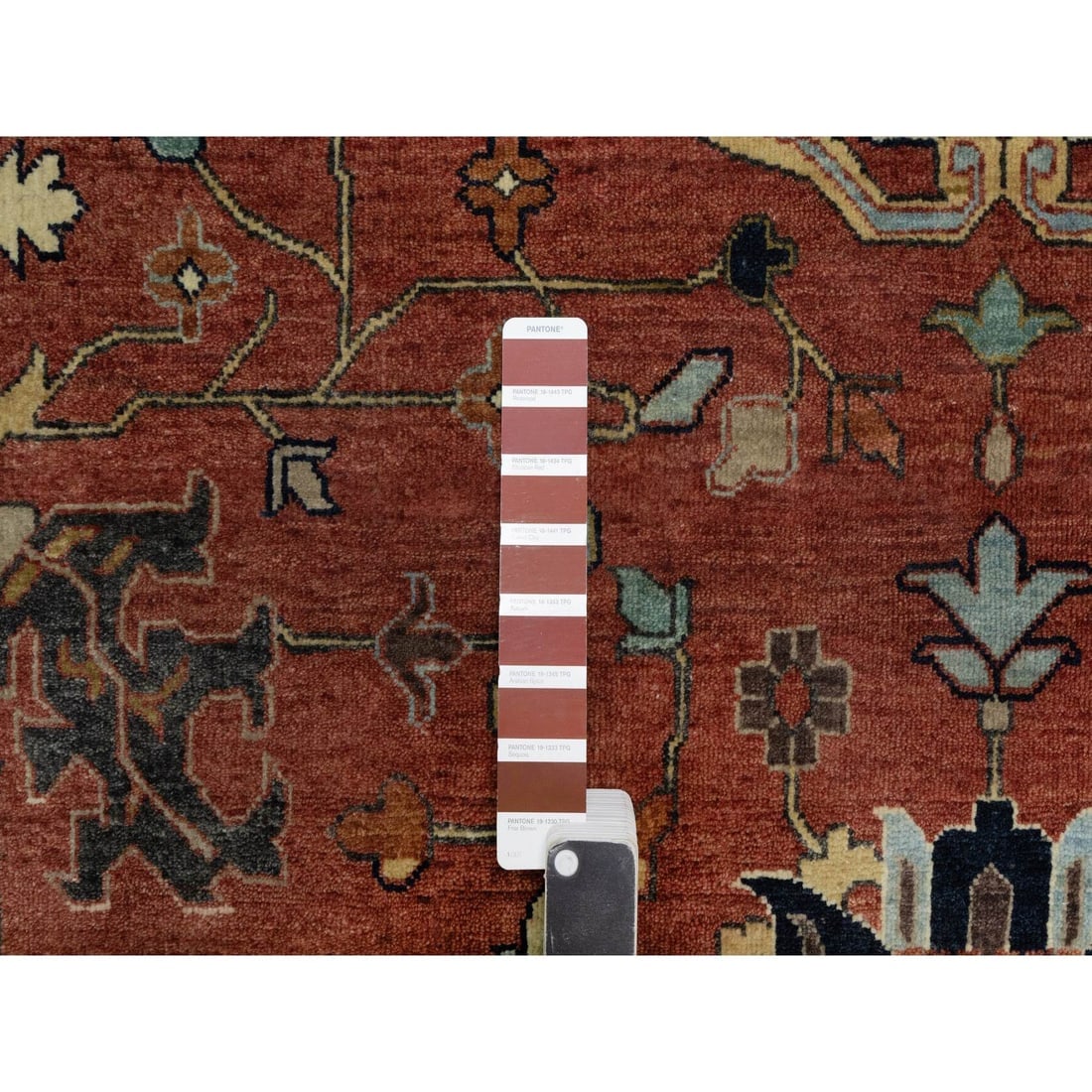 Brick Red Antiqued Fine Heriz Re-Creation Hand Knotted Soft Wool Rug - 7