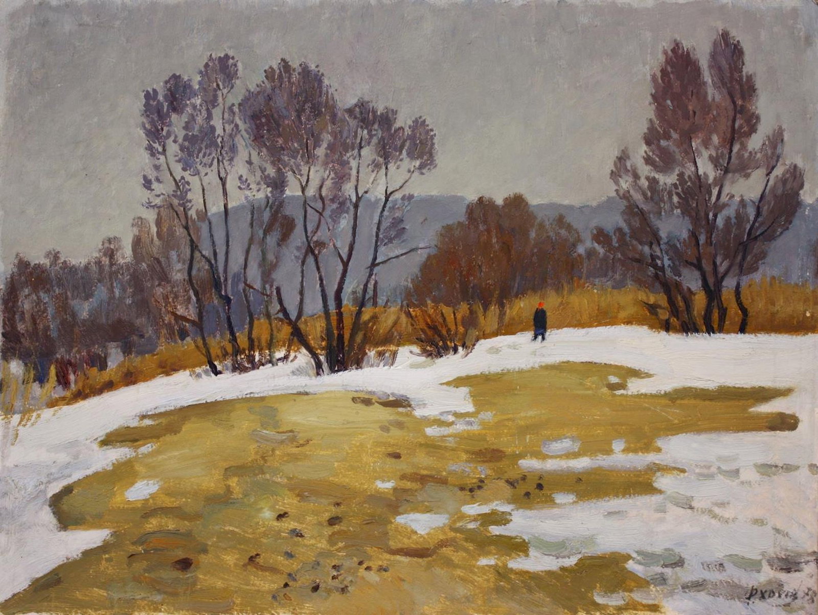 Khokhlov Fedir (Ukrainian artist), "Last snow", oil on cardboard: Title: Khokhlov Fedir (Ukrainian artist), "Last snow", oil on cardboard Description: ARTIST: Khokhlov Fedir Ivanovich, Ukrainian artist TITLE: "Last snow" SIZE: 50 x 66 cm, (19 3/4 x 26 in.) MEDIUM: