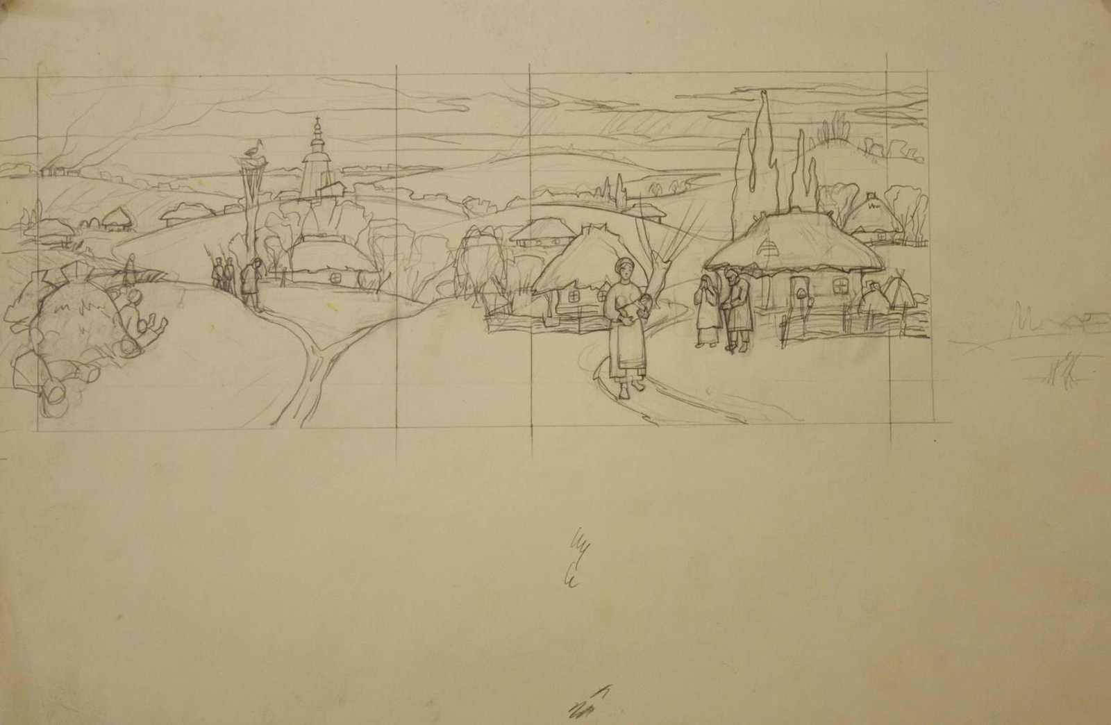 Mynka Olexandr (Ukrainian artist), "Convoy", pencil on paper: Title: Mynka Olexandr (Ukrainian artist), "Convoy", pencil on paper Description: ARTIST: Mynka Olexandr Fedorovich, Ukrainian artist TITLE: "Convoy" SIZE: 13 x 33 cm, (5 x 13 in.) MEDIUM: pencil on pa