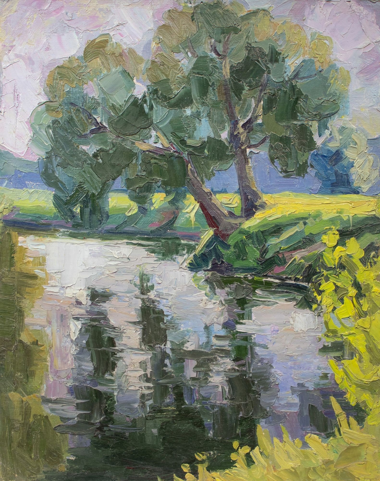 Unidentified (Ukrainian artist), "Trees by the river", oil on cardboard (1 of 3)
