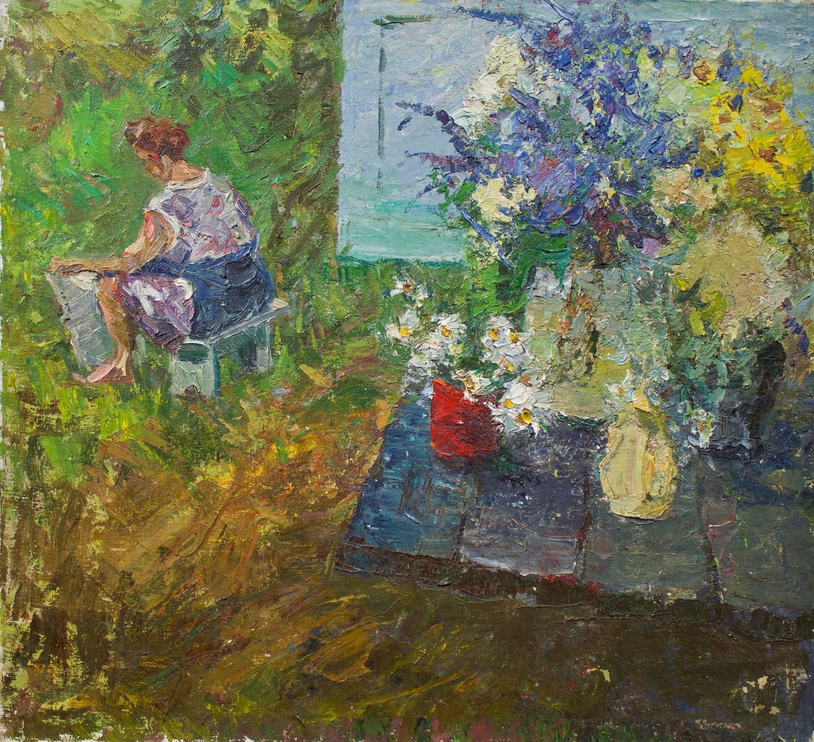 Sevastyanov Victor (Ukrainian artist), "On the porch", oil on canvas: Title: Sevastyanov Victor (Ukrainian artist), "On the porch", oil on canvas Description: ARTIST: Sevastyanov Victor Grigorovich, Ukrainian artist TITLE: "On the porch" SIZE: 56 x 62 cm, (22 x 24 2/4 i