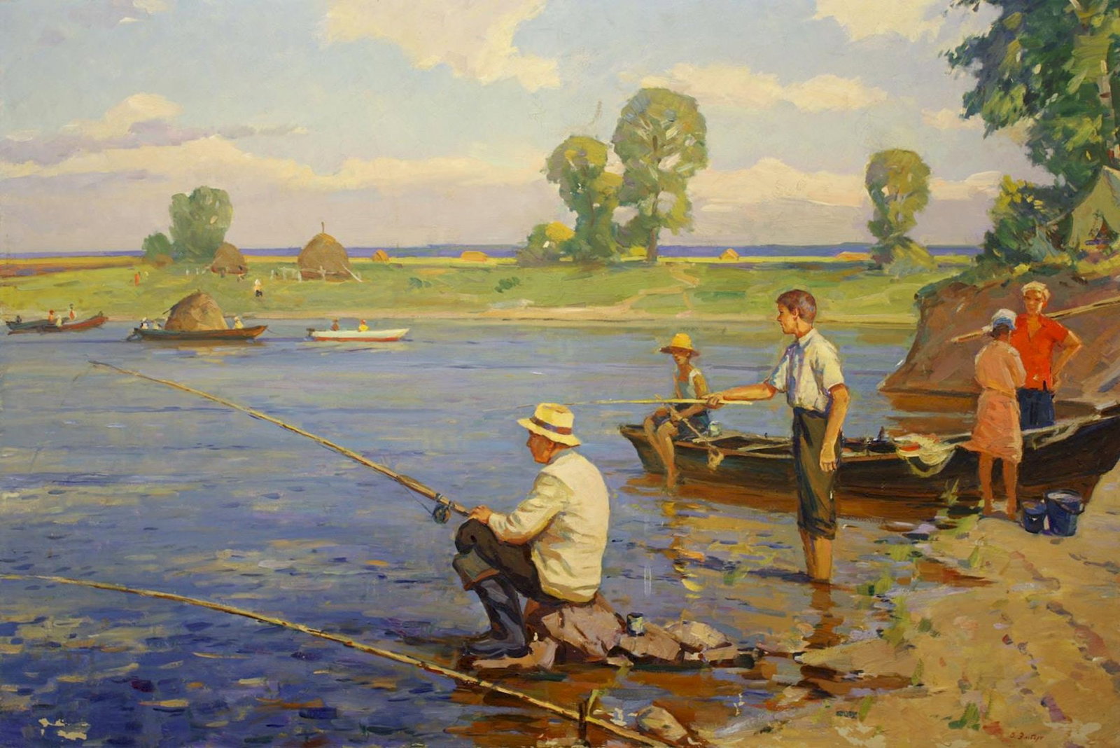 Elbert Victor (Ukrainian artist), "Fishing", oil on canvas: Title: Elbert Victor (Ukrainian artist), "Fishing", oil on canvas Description: ARTIST: Elbert Victor Davydovich, Ukrainian artist TITLE: "Fishing" SIZE: 100 x 150 cm, (39 1/4 x 59 in.) MEDIUM: oil on 