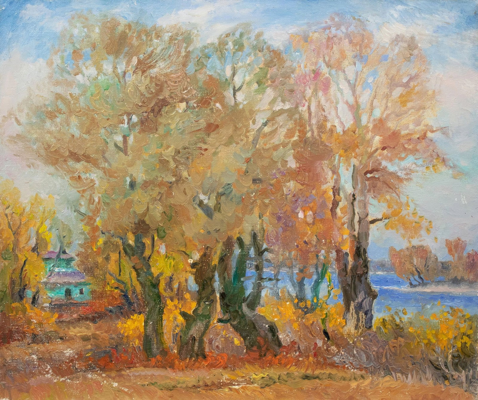 Mynka Olexandr (Ukrainian artist), "Among the trees", oil on canvas: Title: Mynka Olexandr (Ukrainian artist), "Among the trees", oil on canvas Description: ARTIST: Mynka Olexandr Fedorovich, Ukrainian artist TITLE: "Among the trees" SIZE: 43 x 51 cm, (17 x 20 in.)