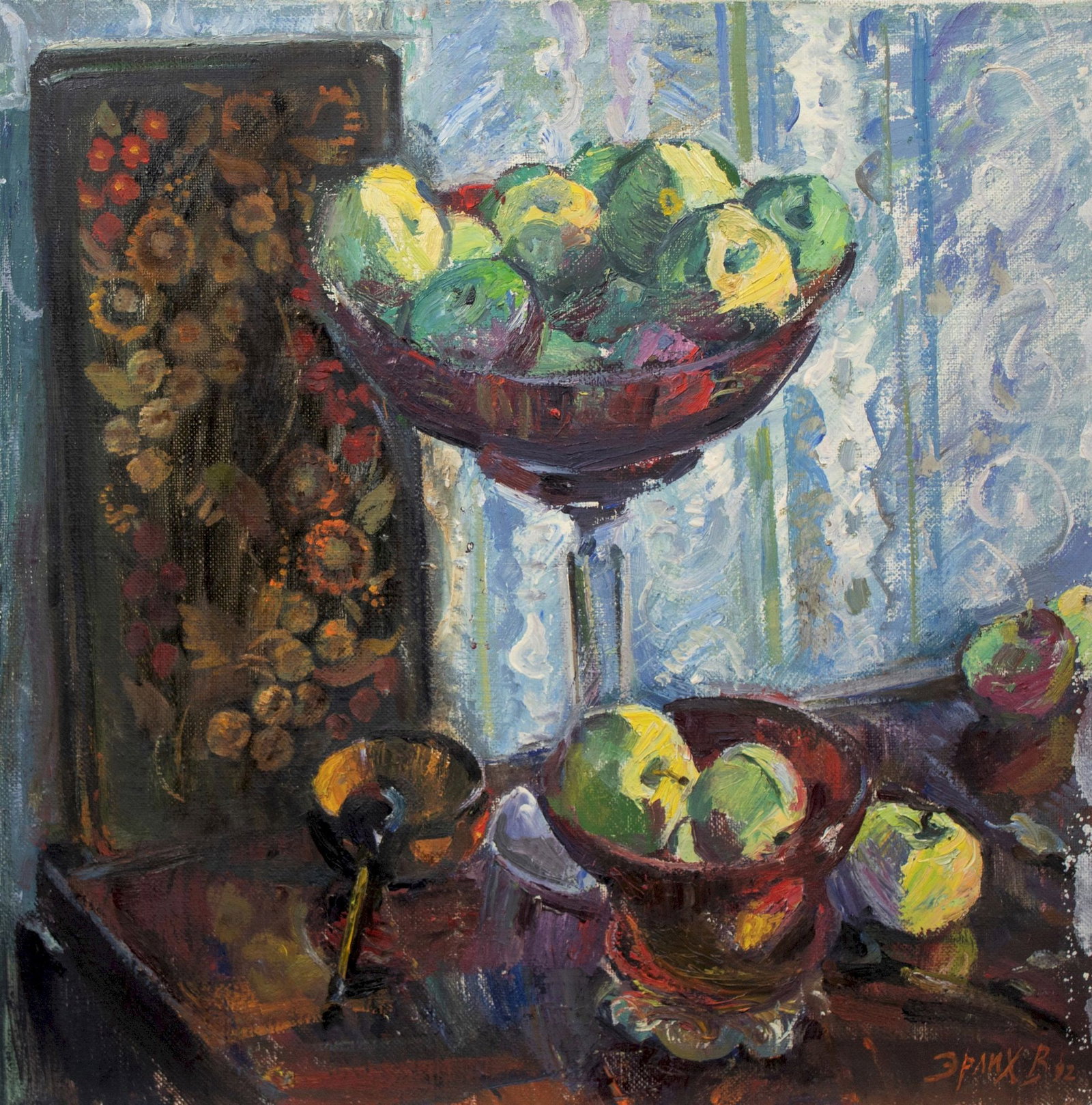 Erlih Volodymyr (Ukrainian artist), "Apples in a vase", oil on canvas: Title: Erlih Volodymyr (Ukrainian artist), "Apples in a vase", oil on canvas Description: ARTIST: Erlih Volodymyr Isaakovich, Ukrainian artist TITLE: "Apples in a vase" SIZE: 60 x 60 cm, (23 2/4 x 23
