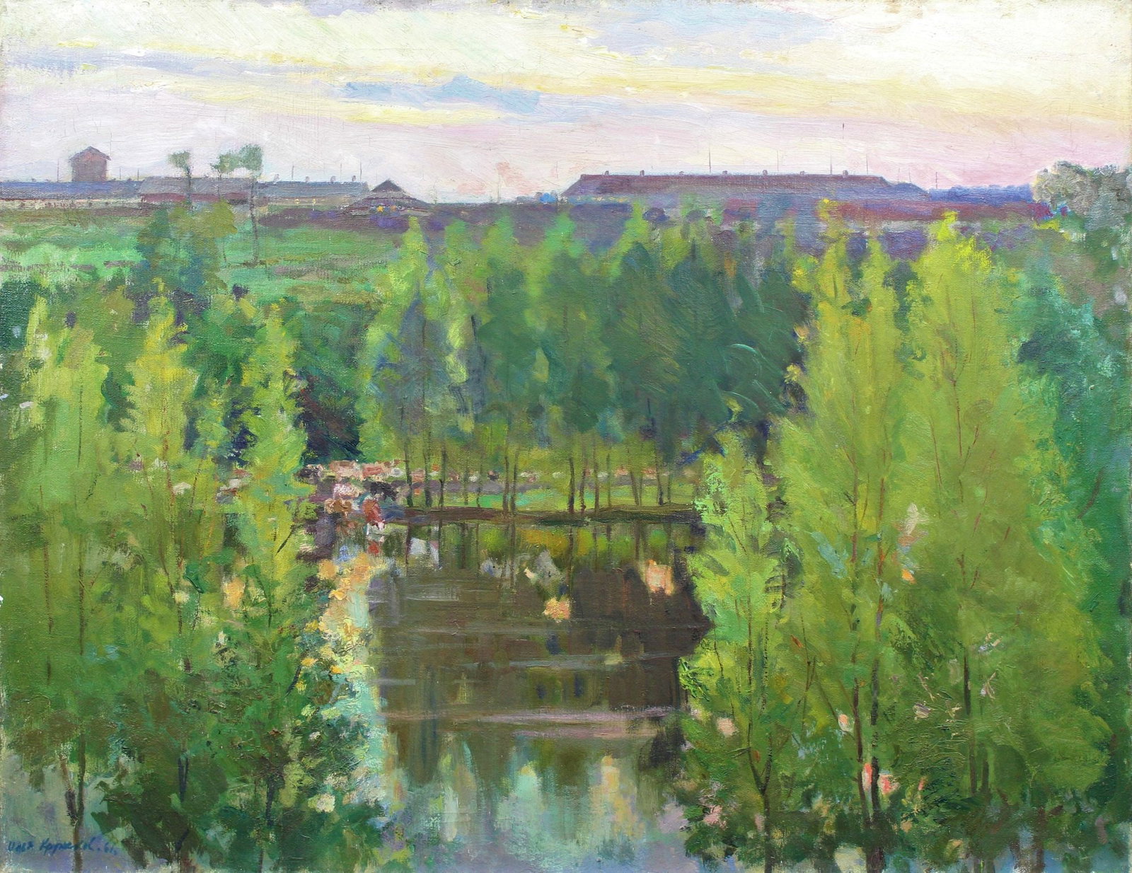Kruzhkov Ilya (Ukrainian artist), "Evening", oil on canvas: Title: Kruzhkov Ilya (Ukrainian artist), "Evening", oil on canvas Description: ARTIST: Kruzhkov Ilya Markovich, Ukrainian artist TITLE: "Evening" SIZE: 78 x 100 cm, (30 3/4 x 39 1/4 in.) MEDIUM: oil