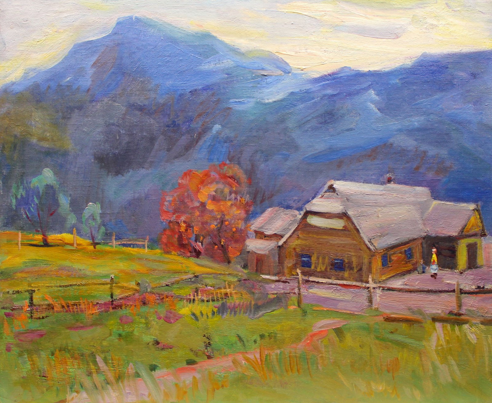 Tyukha Ivan (Ukrainian artist), "Farm", oil on canvas on cardboard: Title: Tyukha Ivan (Ukrainian artist), "Farm", oil on canvas on cardboard Description: ARTIST: Tyukha Ivan Andriyovich, Ukrainian artist TITLE: "Farm" SIZE: 50 x 60 cm, (19 3/4 x 23 2/4 in.) MEDIUM: