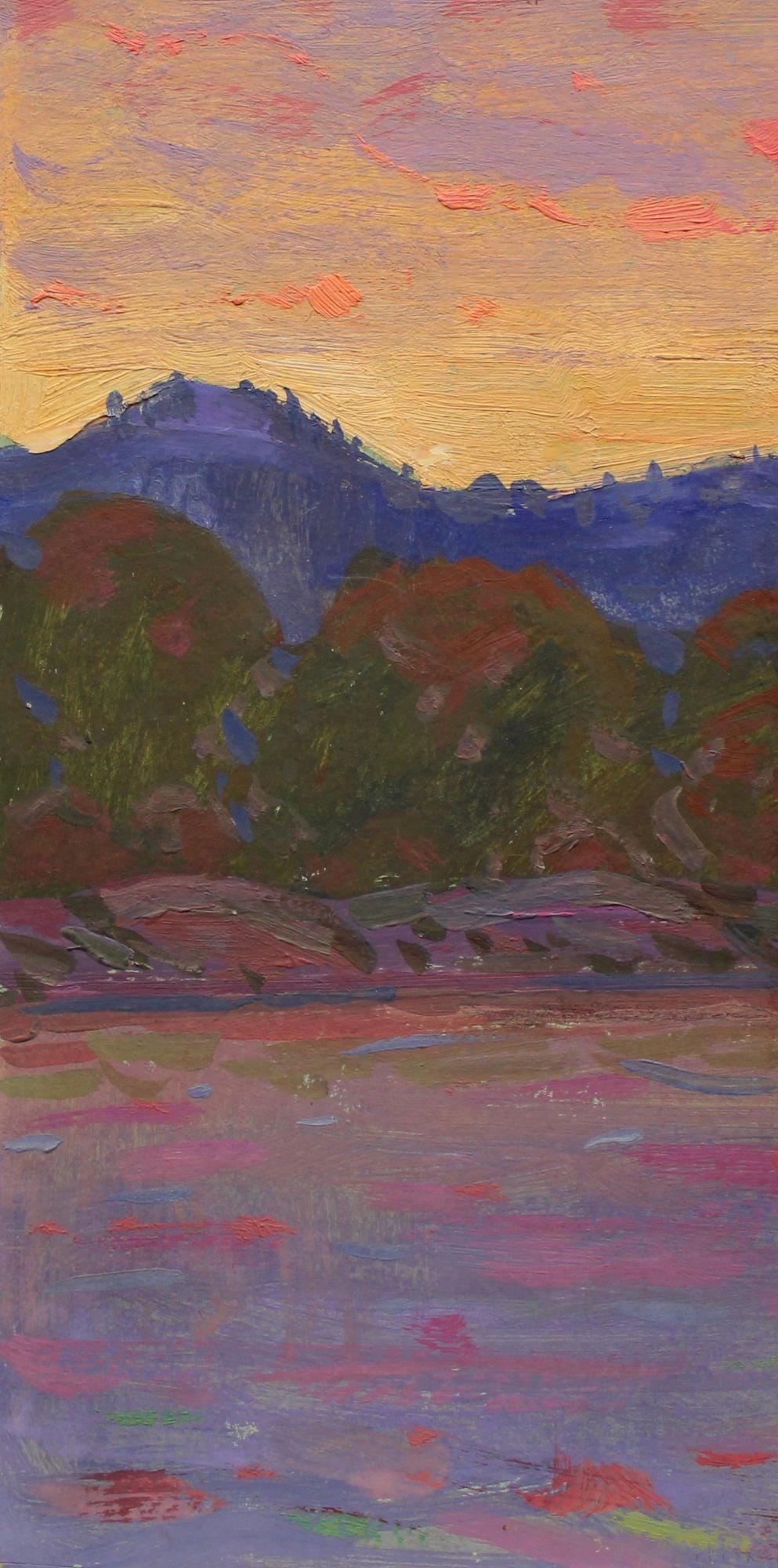 Tyukha Ivan (Ukrainian artist), "Sunset", oil on cardboard: Title: Tyukha Ivan (Ukrainian artist), "Sunset", oil on cardboard Description: ARTIST: Tyukha Ivan Andriyovich, Ukrainian artist TITLE: "Sunset" SIZE: 40 x 20 cm, (15 3/4 x 7 3/4 in.) MEDIUM: oil on