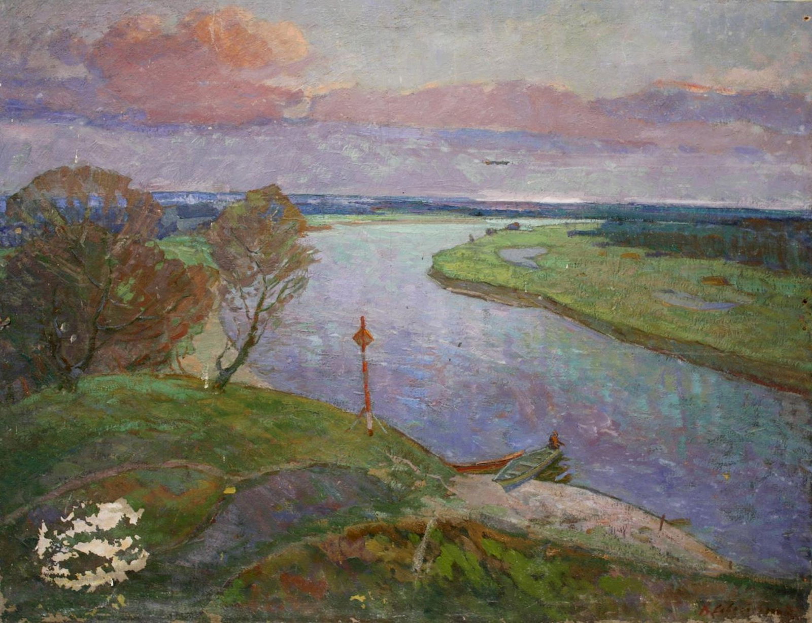 Sevastyanov Victor (Ukrainian artist), "River", oil on canvas: Title: Sevastyanov Victor (Ukrainian artist), "River", oil on canvas Description: ARTIST: Sevastyanov Victor Grigorovich, Ukrainian artist TITLE: "River" SIZE: 100 x 130 cm, (39 1/4 x 51 1/4 in.) MEDI