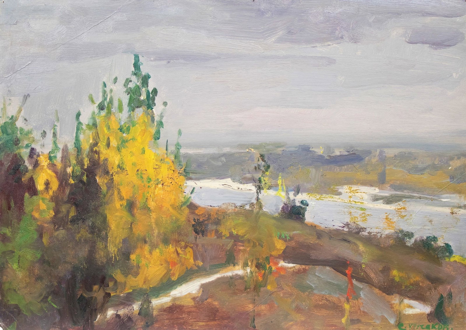 Kruchakov Samuil (Ukrainian artist), "Riverbanks", oil on cardboard: Title: Kruchakov Samuil (Ukrainian artist), "Riverbanks", oil on cardboard Description: ARTIST: Kruchakov Samuil Abramovich, Ukrainian artist TITLE: "Riverbanks" SIZE: 32 x 45 cm, (12 2/4 x 17 3/4