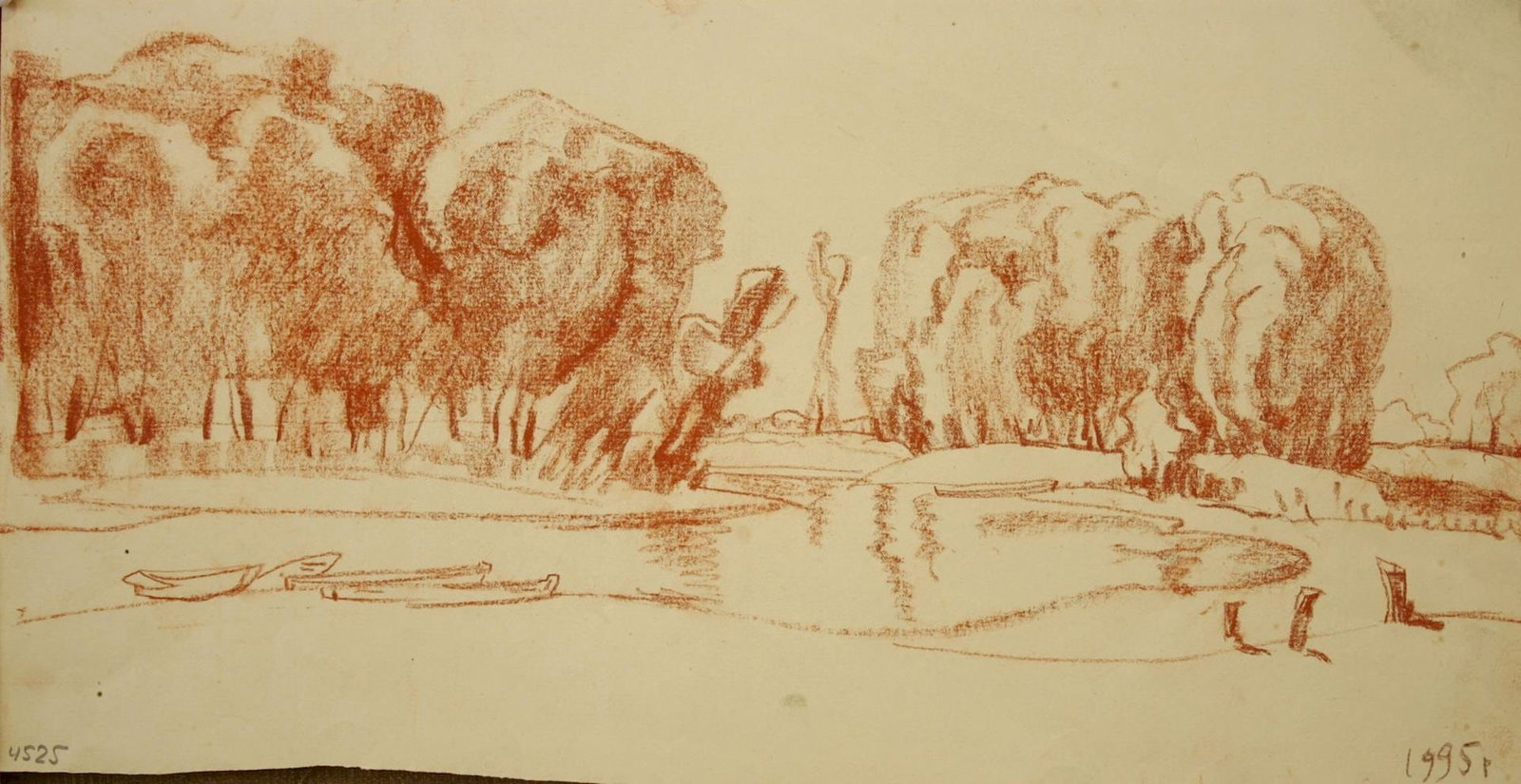 Mynka Olexandr (Ukrainian artist), "On the bank of (Goroshino village)", sanguine on paper: Title: Mynka Olexandr (Ukrainian artist), "On the bank of (Goroshino village)", sanguine on paper Description: ARTIST: Mynka Olexandr Fedorovich, Ukrainian artist TITLE: "On the bank of (Goroshino