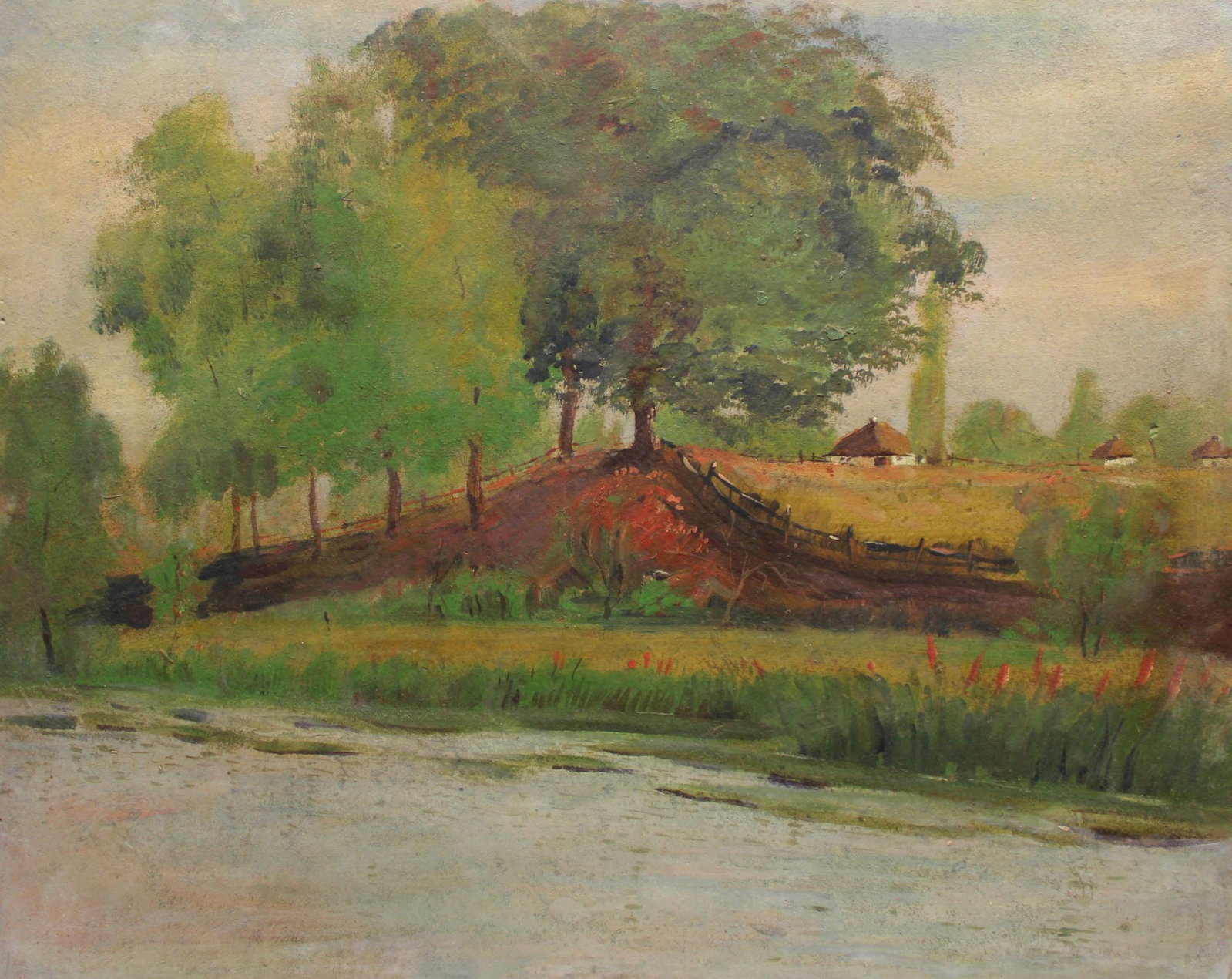 Unidentified (Ukrainian artist), "The village by the river", oil on cardboard: Title: Unidentified (Ukrainian artist), "The village by the river", oil on cardboard Description: ARTIST: Unidentified Artist TITLE: "The village by the river" SIZE: 40 x 50 cm, (15 3/4 x 19 3/4 in.) 