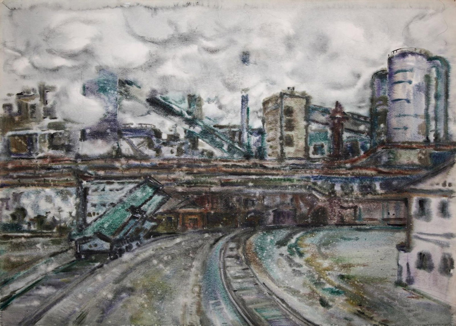 Kirilkov Valentin (Ukrainian artist), "Railroad factory", watercolor on paper: Title: Kirilkov Valentin (Ukrainian artist), "Railroad factory", watercolor on paper Description: ARTIST: Kirilkov Valentin Feodosievich, Ukrainian artist TITLE: "Railroad factory" SIZE: 61 x 85 cm, (