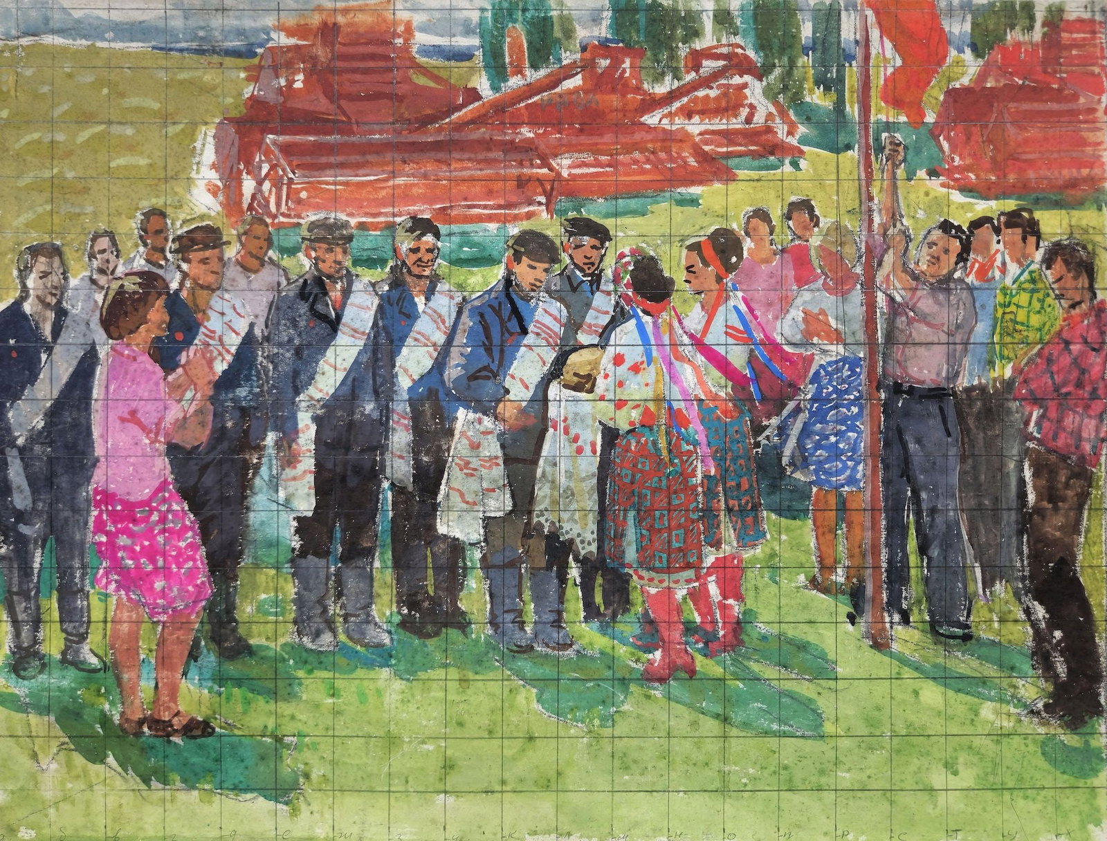 Unidentified (Ukrainian artist), "Harvest festival", mixed technique on cardboard (1 of 3)