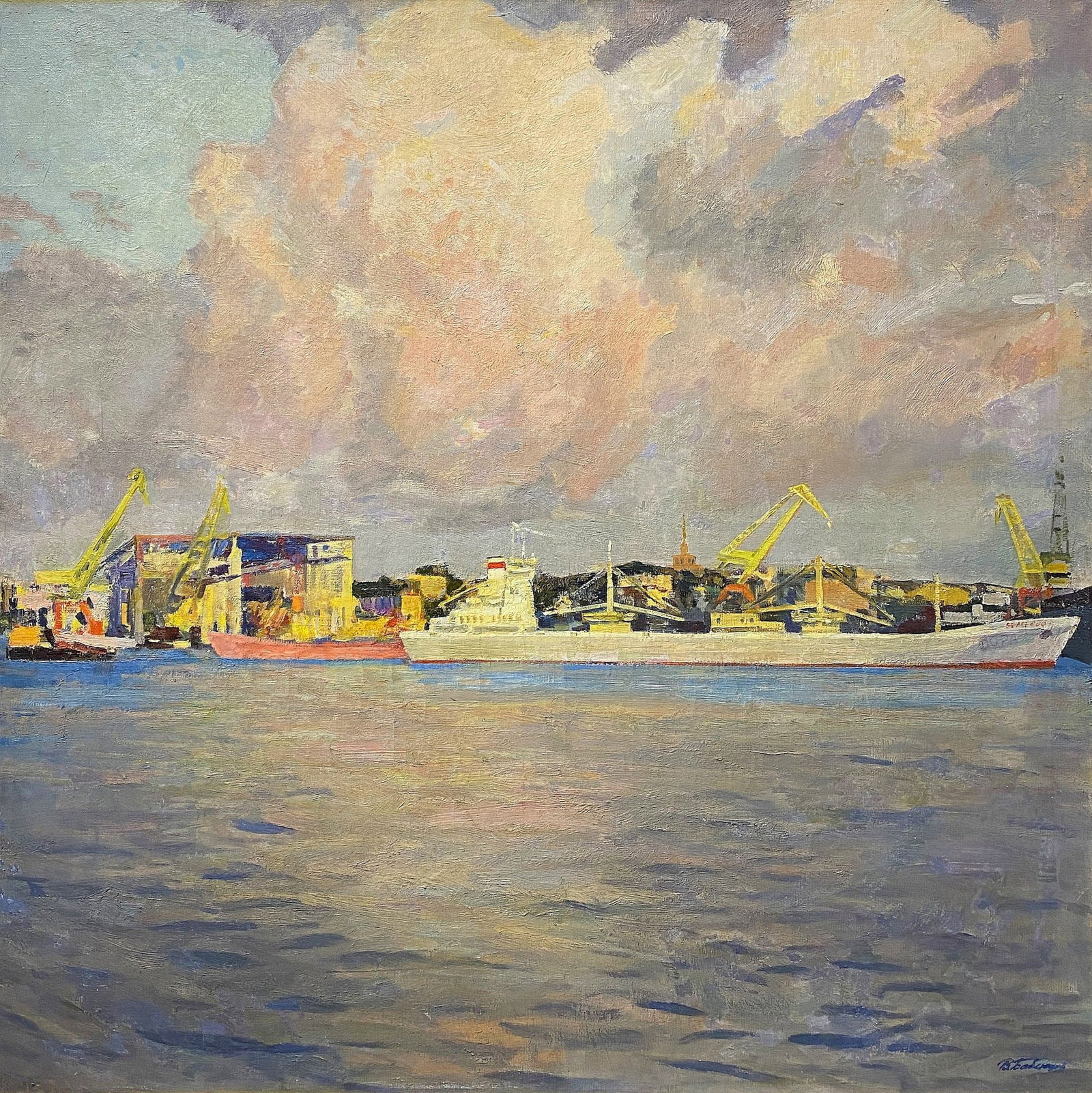 Babentsov V?ktor (Ukrainian artist), "In the Odessa port", oil on canvas: Title: Babentsov V?ktor (Ukrainian artist), "In the Odessa port", oil on canvas Description: ARTIST: Babentsov V?ktor Volodymyrovych, Ukrainian artist TITLE: "In the Odessa port" SIZE: 125 x 125 cm, (