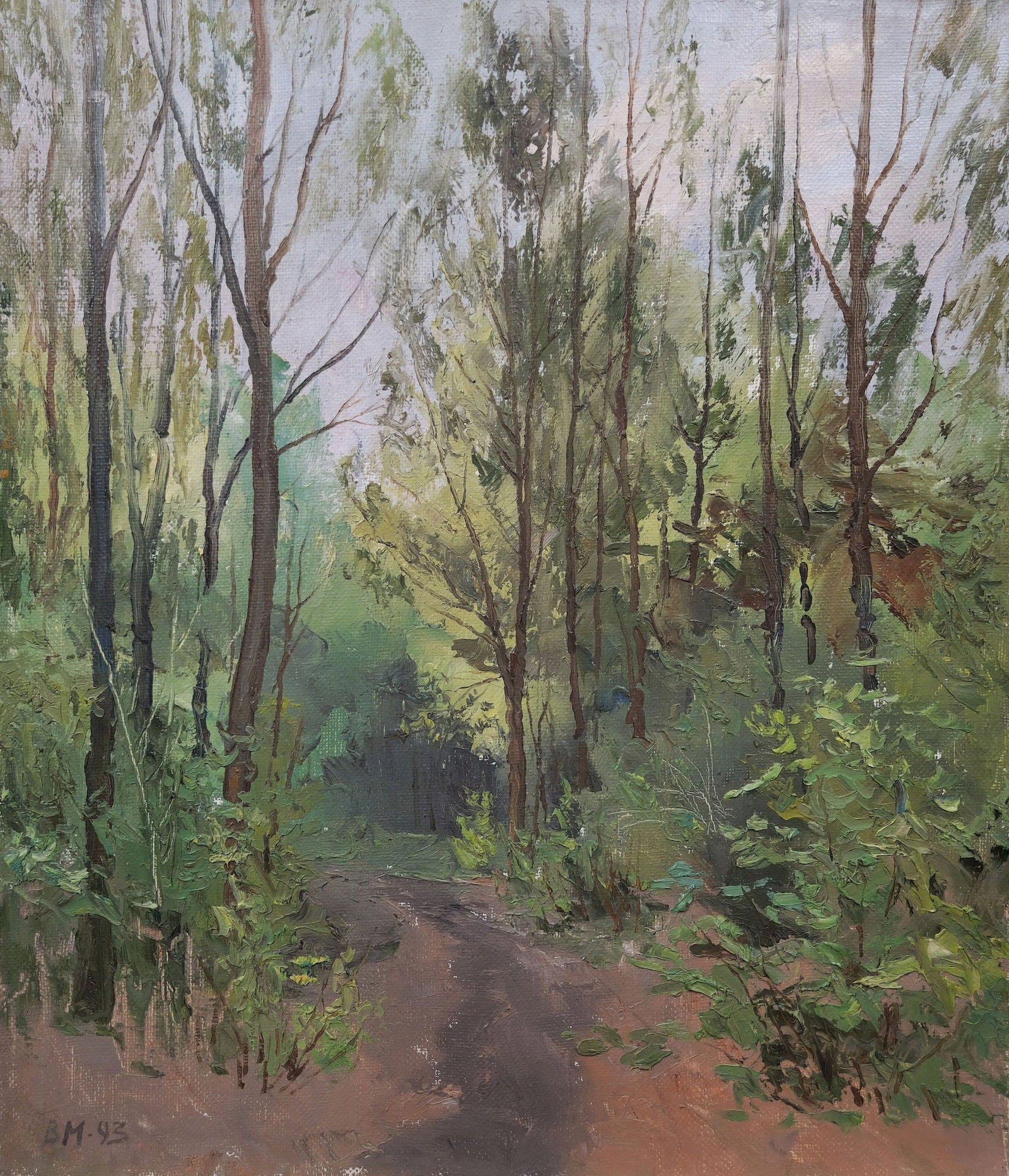 Mishnev Viktor (Ukrainian artist), "Road in the forest", oil on canvas: Title: Mishnev Viktor (Ukrainian artist), "Road in the forest", oil on canvas Description: ARTIST: Mishnev Viktor Pavlovich, Ukrainian artist TITLE: "Road in the forest" SIZE: 55 x 47 cm, (21 2/3 x