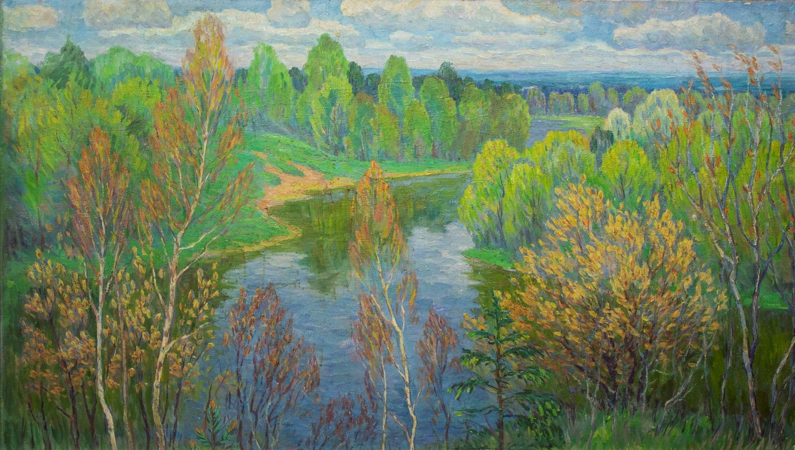 Pavlov Olexandr (Ukrainian artist), "River", oil on canvas: Title: Pavlov Olexandr (Ukrainian artist), "River", oil on canvas Description: ARTIST: Pavlov Olexandr Stepanovich, Ukrainian artist TITLE: "River" SIZE: 80 x 140 cm, (31 2/4 x 55 in.) MEDIUM: oil on 