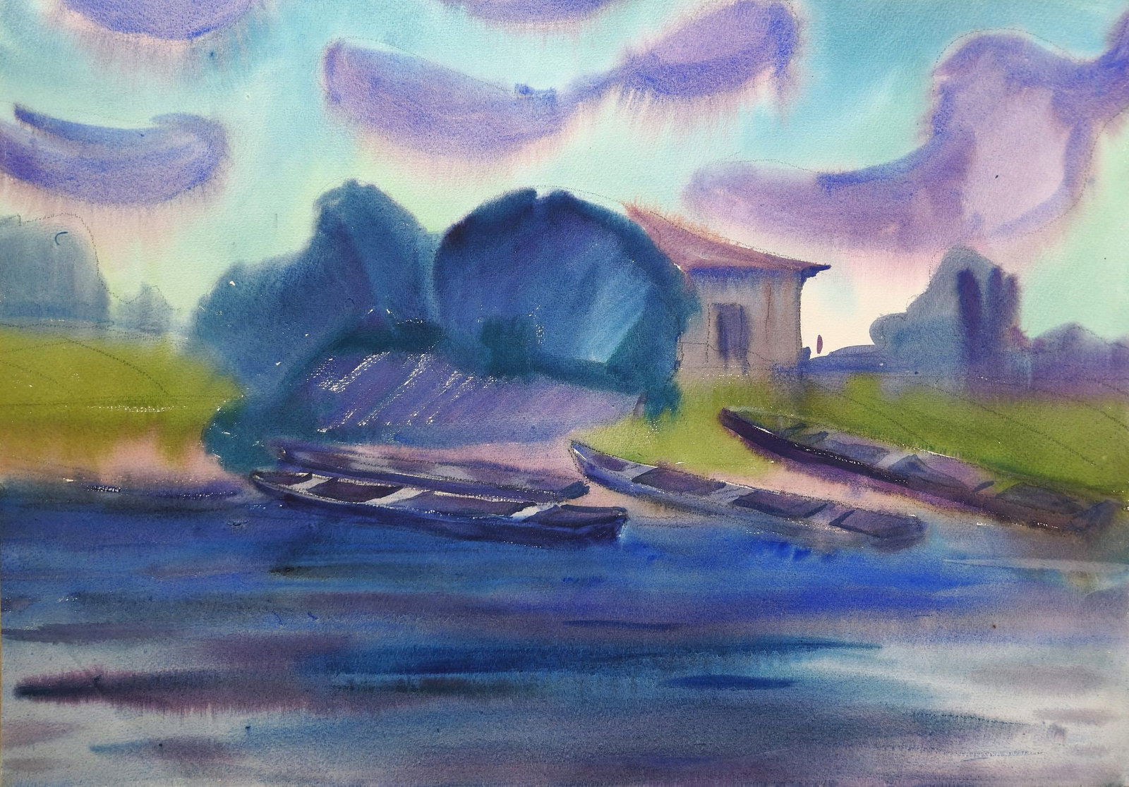 Kirilkov Valentin (Ukrainian artist), "Boats on the shore", watercolor on paper: Title: Kirilkov Valentin (Ukrainian artist), "Boats on the shore", watercolor on paper Description: ARTIST: Kirilkov Valentin Feodosievich, Ukrainian artist TITLE: "Boats on the shore" SIZE: 50 x 70