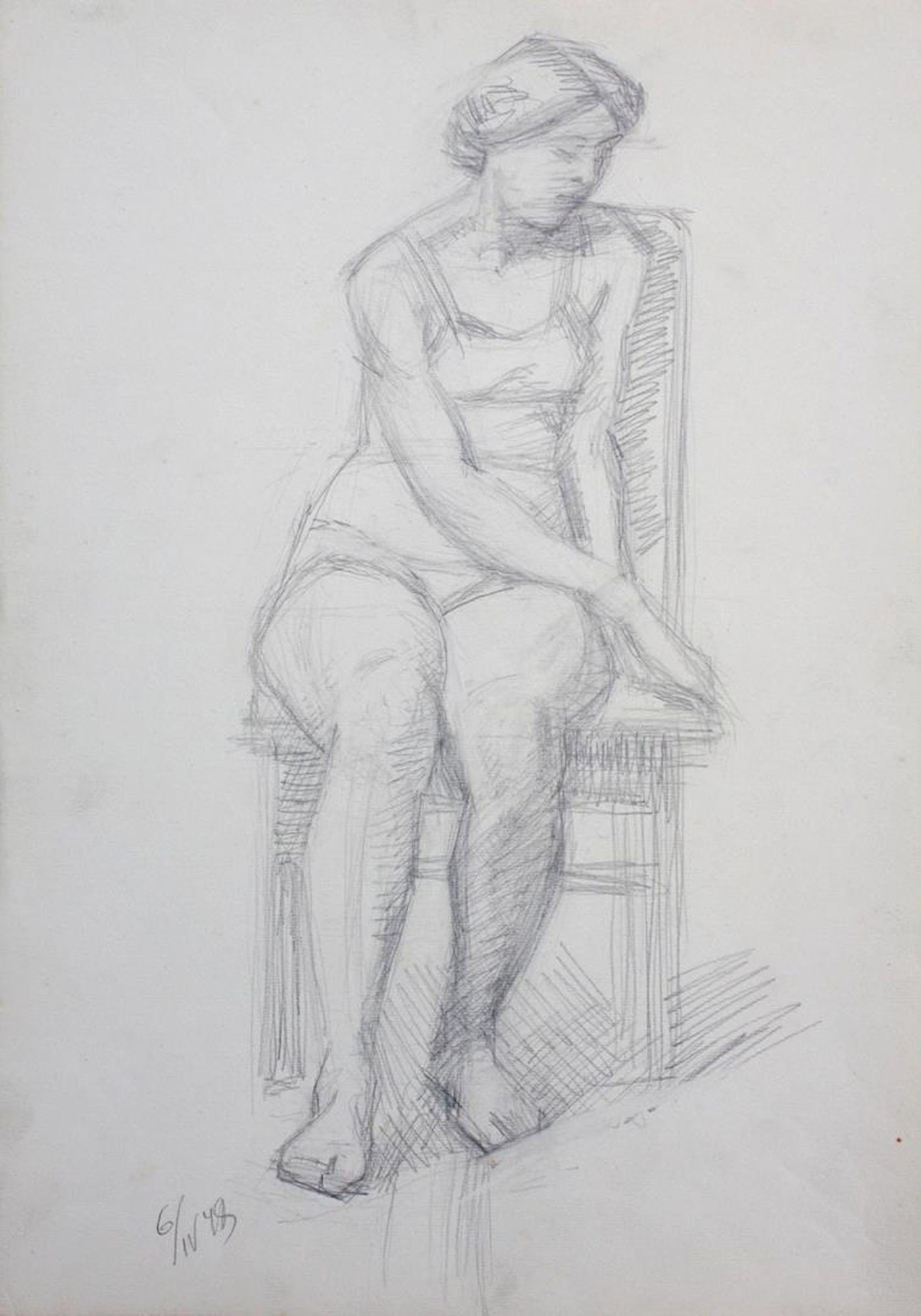 Bizyukov Onufry (Ukrainian artist), "Naked woman on chair", pencil on paper: Title: Bizyukov Onufry (Ukrainian artist), "Naked woman on chair", pencil on paper Description: ARTIST: Bizyukov Onufry Terentevich, Ukrainian artist TITLE: "Naked woman on chair" SIZE: 42 x 30 cm, (1