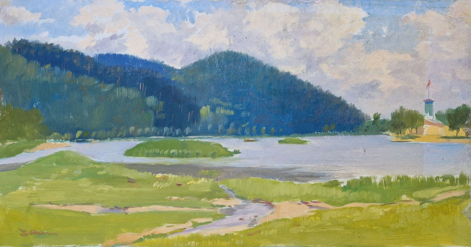 Chaly Mykola (Ukrainian artist), "Lake. Vinniki", oil on cardboard: Title: Chaly Mykola (Ukrainian artist), "Lake. Vinniki", oil on cardboard Description: ARTIST: Chaly Mykola Fedorovich, Ukrainian artist TITLE: "Lake. Vinniki" SIZE: 27 x 51 cm, (10 5/8 x 20 in.)