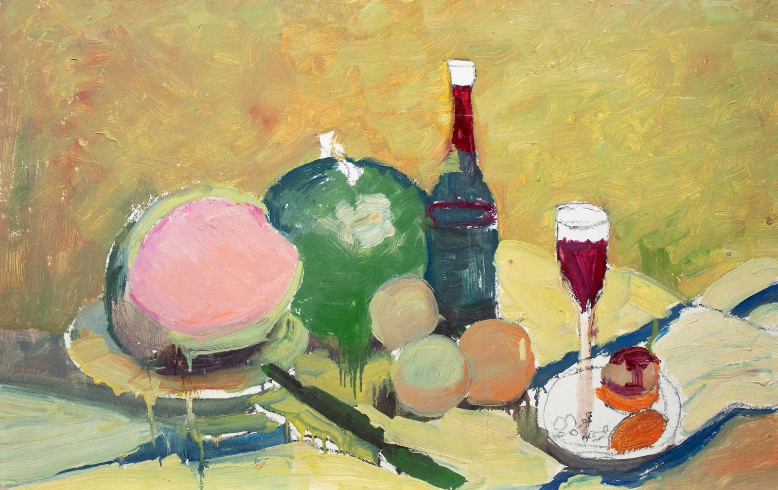 Tyukha Ivan (Ukrainian artist), "Fruit-piece", oil on cardboard: Title: Tyukha Ivan (Ukrainian artist), "Fruit-piece", oil on cardboard Description: ARTIST: Tyukha Ivan Andriyovich, Ukrainian artist TITLE: "Fruit-piece" SIZE: 50 x 79 cm, (19 3/4 x 31 in.) MEDIUM: