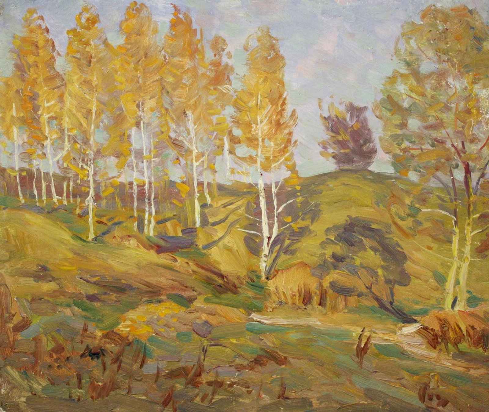 Tyukha Ivan (Ukrainian artist), "Autumn", oil on cardboard: Title: Tyukha Ivan (Ukrainian artist), "Autumn", oil on cardboard Description: ARTIST: Tyukha Ivan Andriyovich, Ukrainian artist TITLE: "Autumn" SIZE: 50 x 68 cm, (19 3/4 x 26 3/4 in.) MEDIUM: oil on 