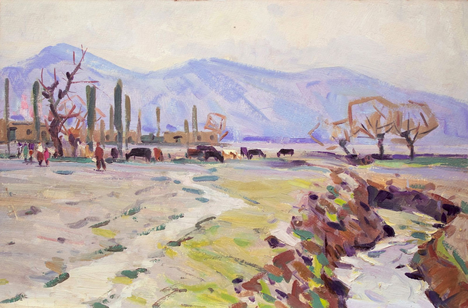 Tyukha Ivan (Ukrainian artist), "Irrigation ditch", oil on cardboard: Title: Tyukha Ivan (Ukrainian artist), "Irrigation ditch", oil on cardboard Description: ARTIST: Tyukha Ivan Andriyovich, Ukrainian artist TITLE: "Irrigation ditch" SIZE: 39 x 60 cm, (15 1/4 x 23 2/4 