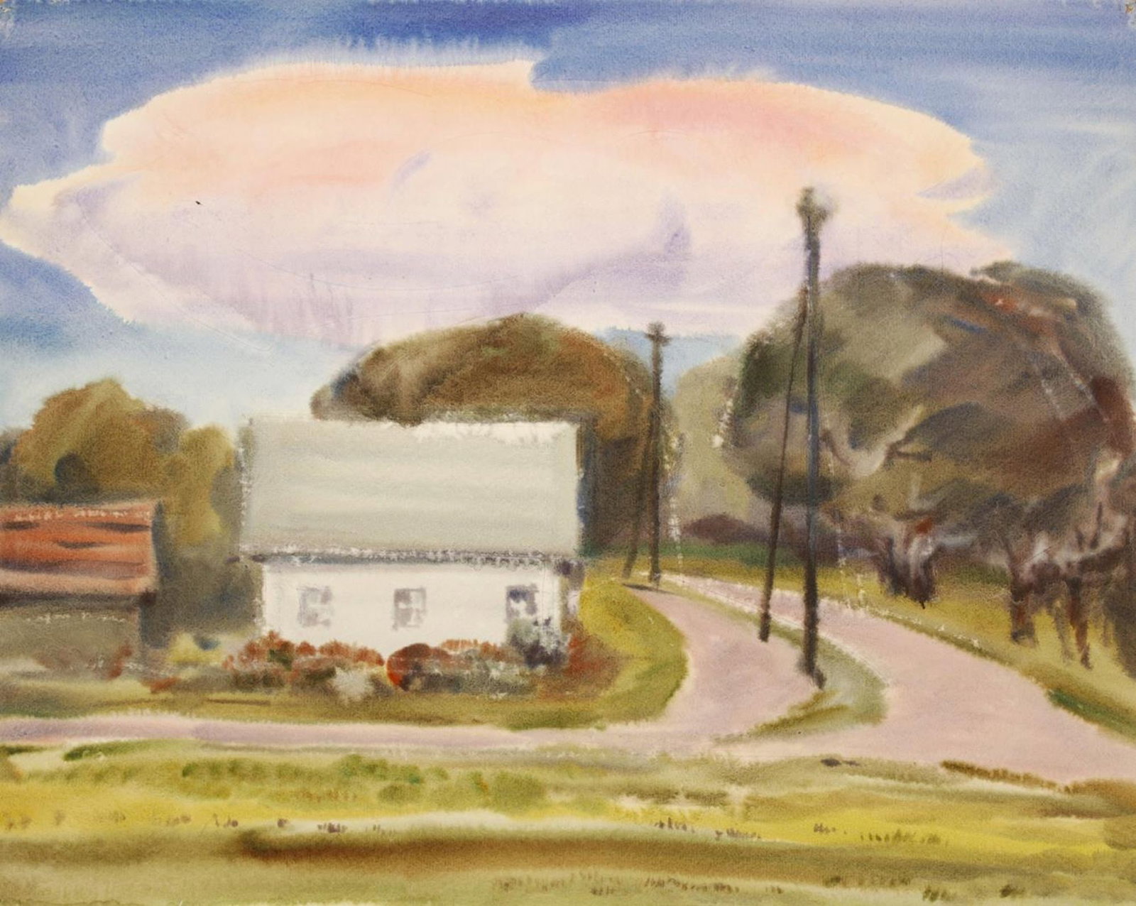 Mynka Olexandr (Ukrainian artist), "The pink cloud", watercolor on paper: Title: Mynka Olexandr (Ukrainian artist), "The pink cloud", watercolor on paper Description: ARTIST: Mynka Olexandr Fedorovich, Ukrainian artist TITLE: "The pink cloud" SIZE: 49 x 62 cm, (19 1/4 x 24 