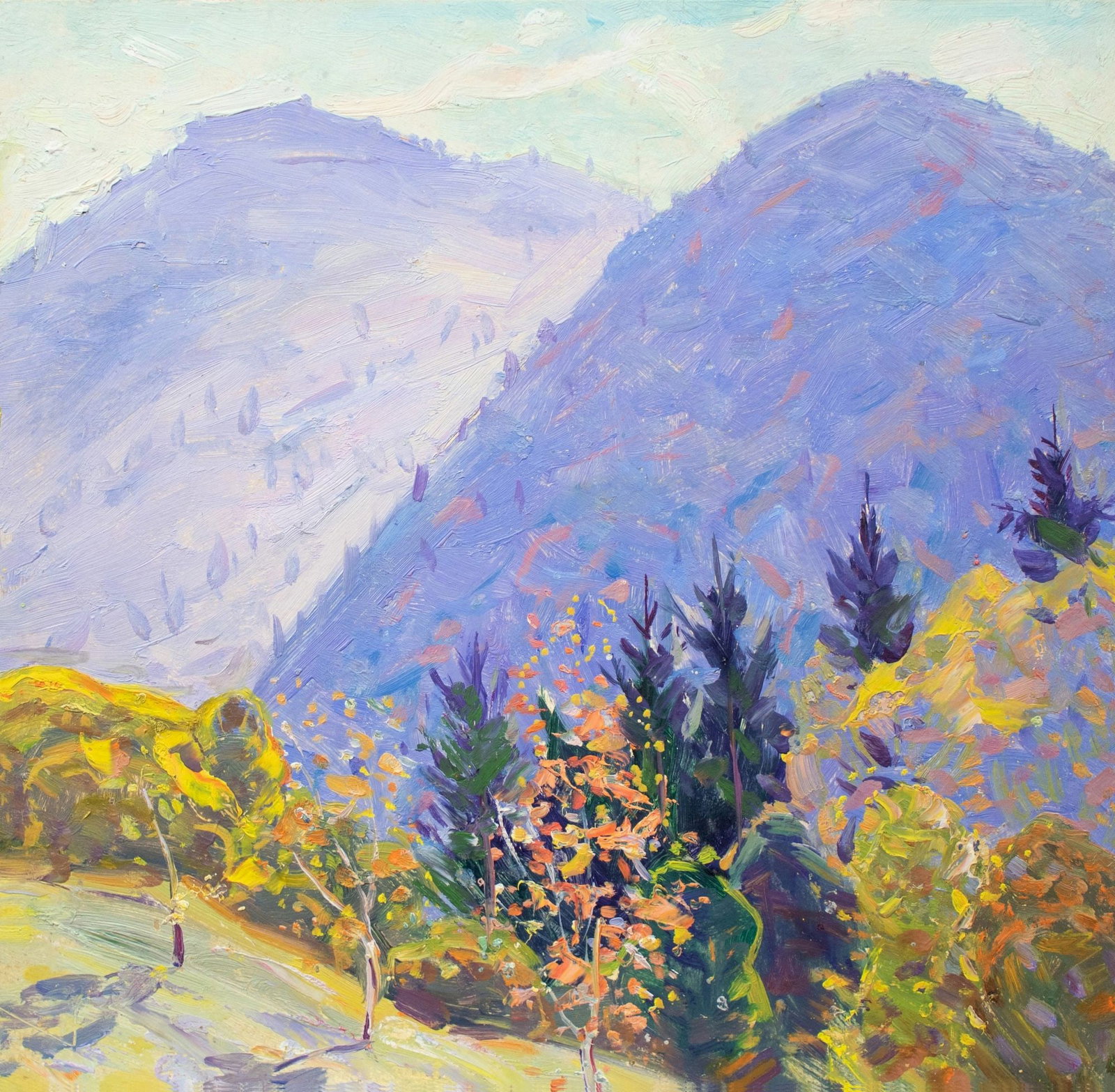 Tyukha Ivan (Ukrainian artist), "In the mountains", oil on cardboard: Title: Tyukha Ivan (Ukrainian artist), "In the mountains", oil on cardboard Description: ARTIST: Tyukha Ivan Andriyovich, Ukrainian artist TITLE: "In the mountains" SIZE: 50 x 50 cm, (19 3/4 x 19 3/4 