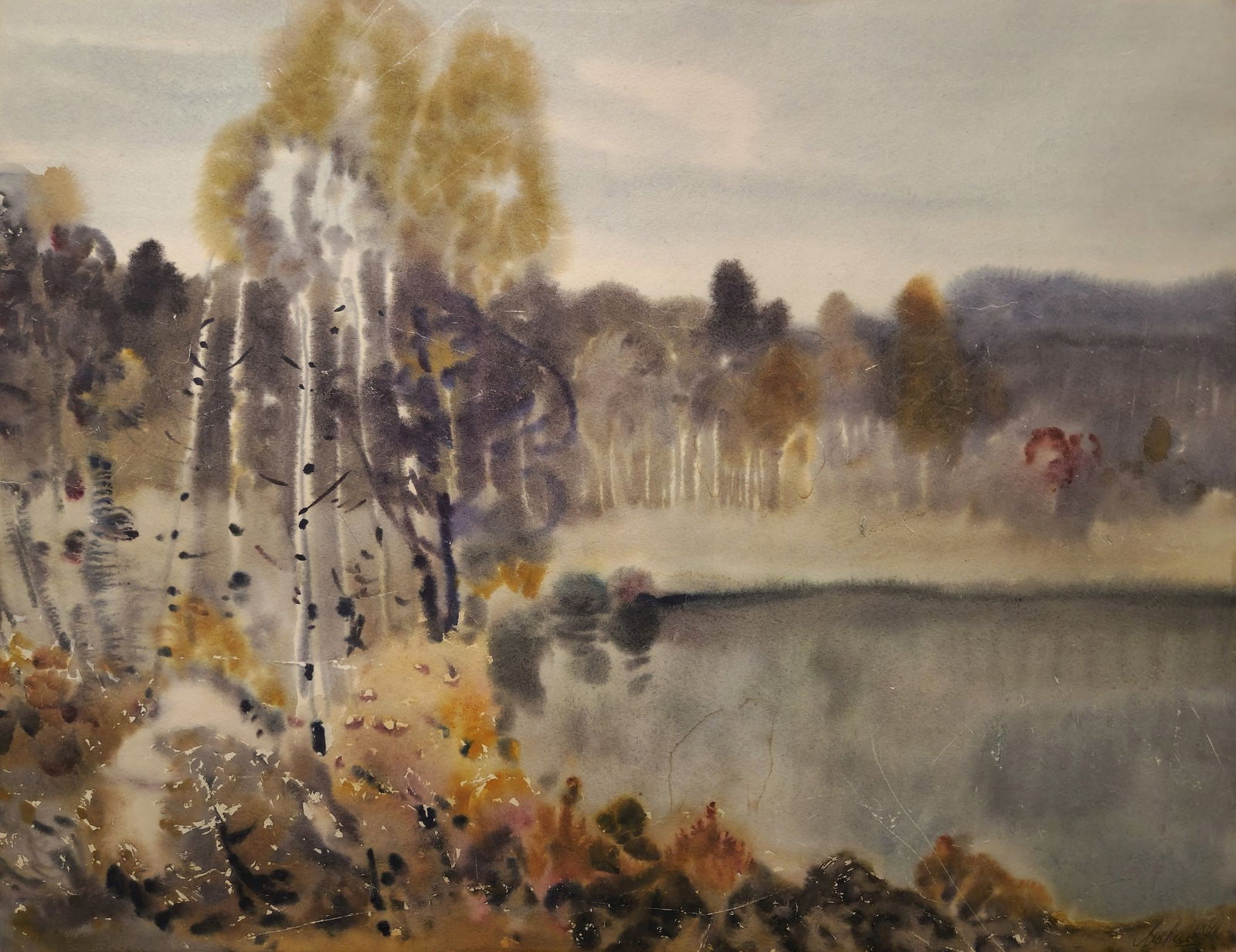 Malysh Gavriil (Ukrainian artist), "Forest Lake", watercolor on paper: Title: Malysh Gavriil (Ukrainian artist), "Forest Lake", watercolor on paper Description: ARTIST: Malysh Gavriil Kindratovych, Ukrainian artist TITLE: "Forest Lake" SIZE: 48 x 63 cm, (18 8/9 x 24 4/5 