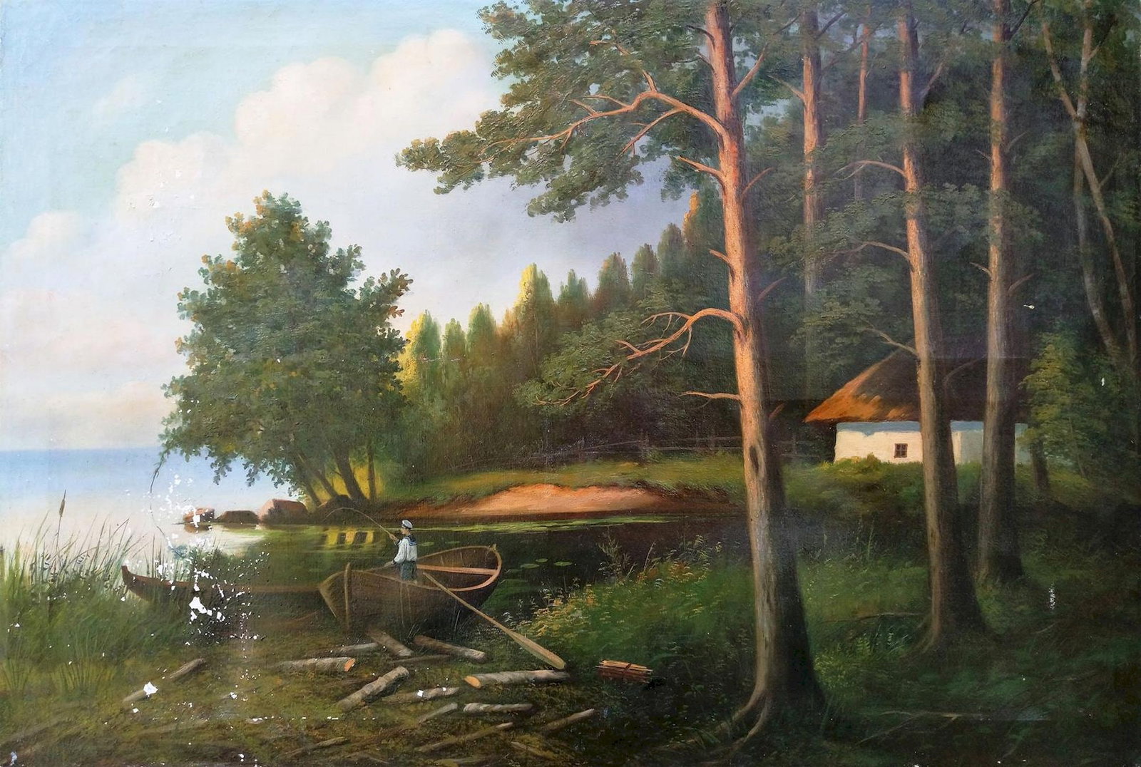 Yekimenko (Ukrainian artist), "Fisherman", oil on canvas: Title: Yekimenko (Ukrainian artist), "Fisherman", oil on canvas Description: ARTIST: Yekimenko K., Ukrainian artist TITLE: "Fisherman" SIZE: 73 x 105 cm, (28 3/4 x 41 1/4 in.) MEDIUM: oil on canvas