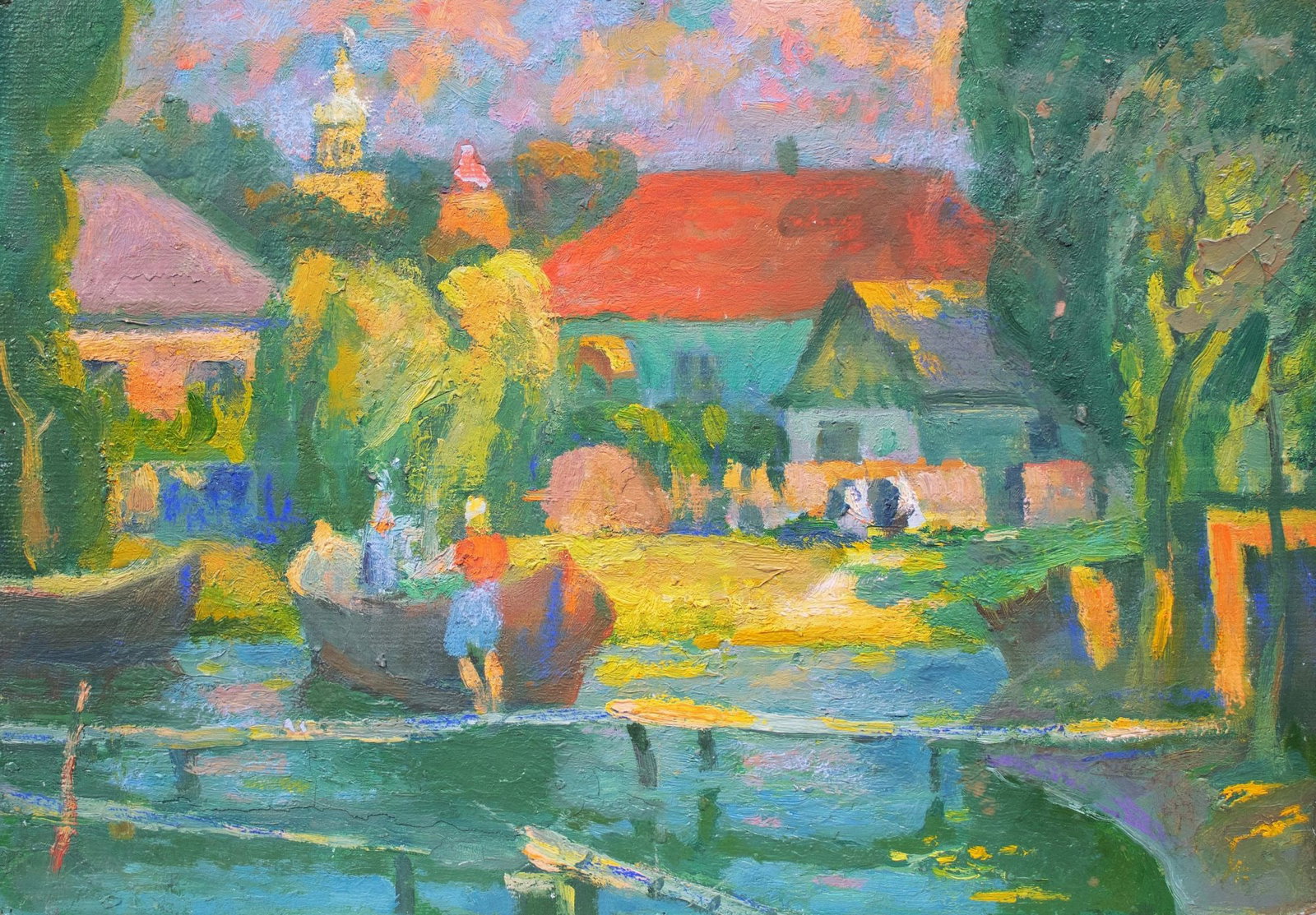 Mynka Olexandr (Ukrainian artist), "Vilkovo", oil on cardboard: Title: Mynka Olexandr (Ukrainian artist), "Vilkovo", oil on cardboard Description: ARTIST: Mynka Olexandr Fedorovich, Ukrainian artist TITLE: "Vilkovo" SIZE: 35 x 50 cm, (13 3/4 x 19 3/4 in.) MEDIUM: