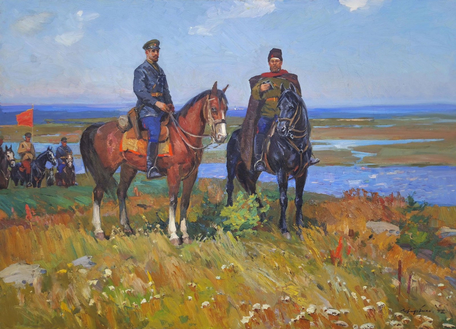 Khodchenko Lev (Ukrainian artist), "Shchors and Bozhenko", oil on canvas: Title: Khodchenko Lev (Ukrainian artist), "Shchors and Bozhenko", oil on canvas Description: ARTIST: Khodchenko Lev Pavlovich, Ukrainian artist TITLE: "Shchors and Bozhenko" SIZE: 130 x 180 cm, (51