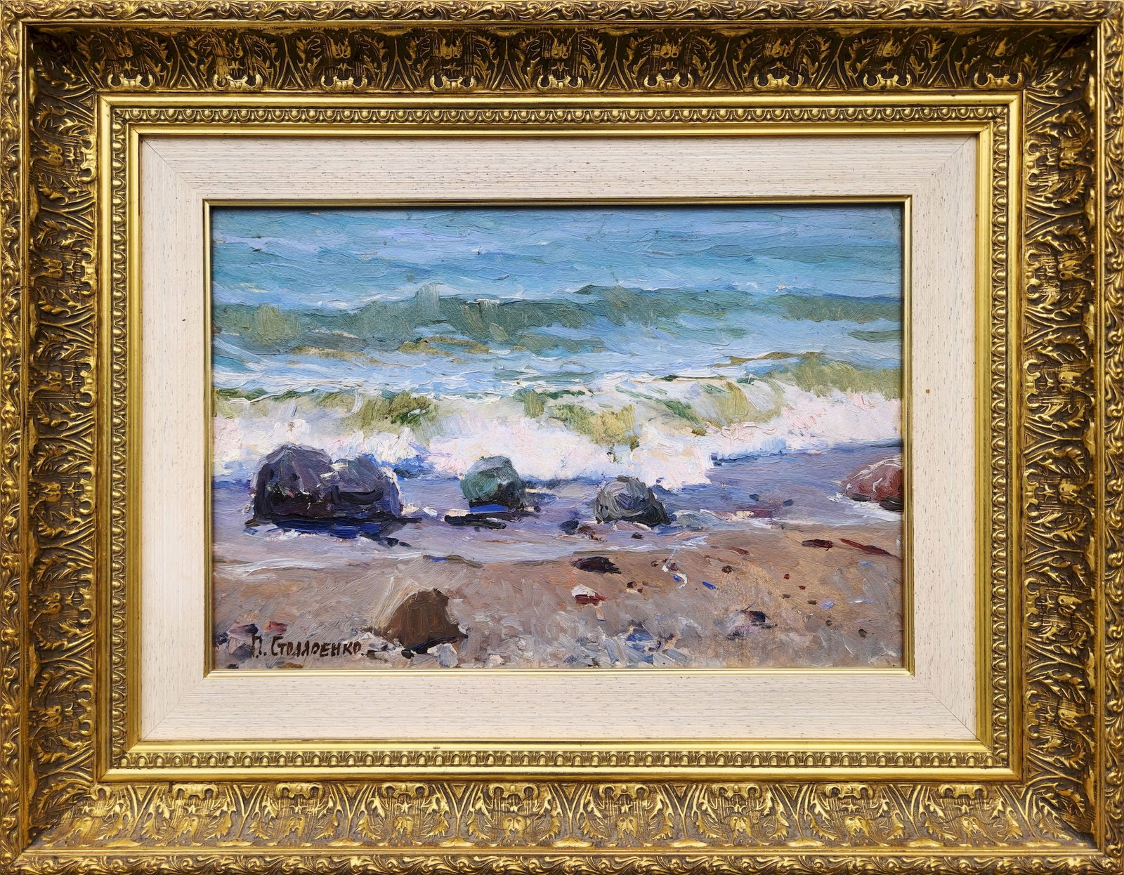 Stolyarenko Petro (Ukrainian artist), "Breeze", oil on cardboard: Title: Stolyarenko Petro (Ukrainian artist), "Breeze", oil on cardboard Description: ARTIST: Stolyarenko Petro Kuzmich, Ukrainian artist TITLE: "Breeze" SIZE: 25 x 36 cm, (9 5/6 x 14 1/6 in.) MEDIUM: